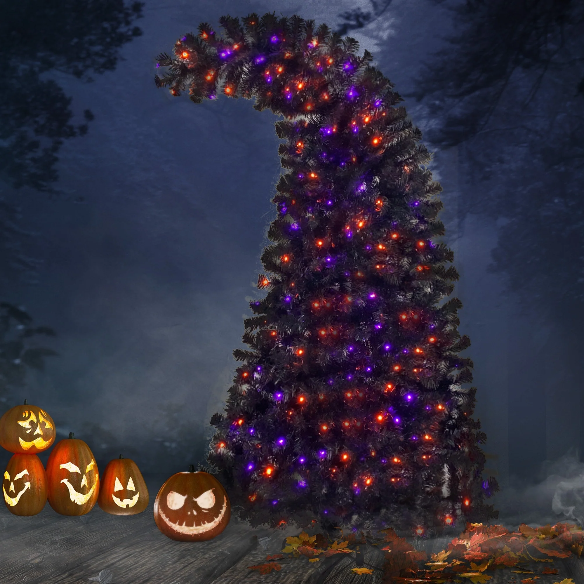 6FT Bent Top Grinch Style Artificial Christmas Tree, 1,080 Lush Branch Tips & 300 LED Lights, Halloween Holiday Decor
