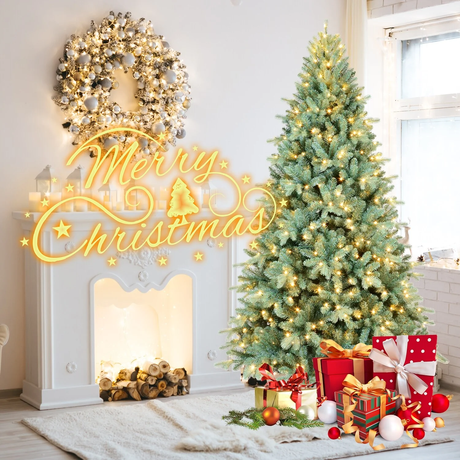 4FT Blue PE/PVC Christmas Tree with 150 Warm White LED Lights-475 Tips, Hinged Branch Design, Full Natural Look, Metal Stand
