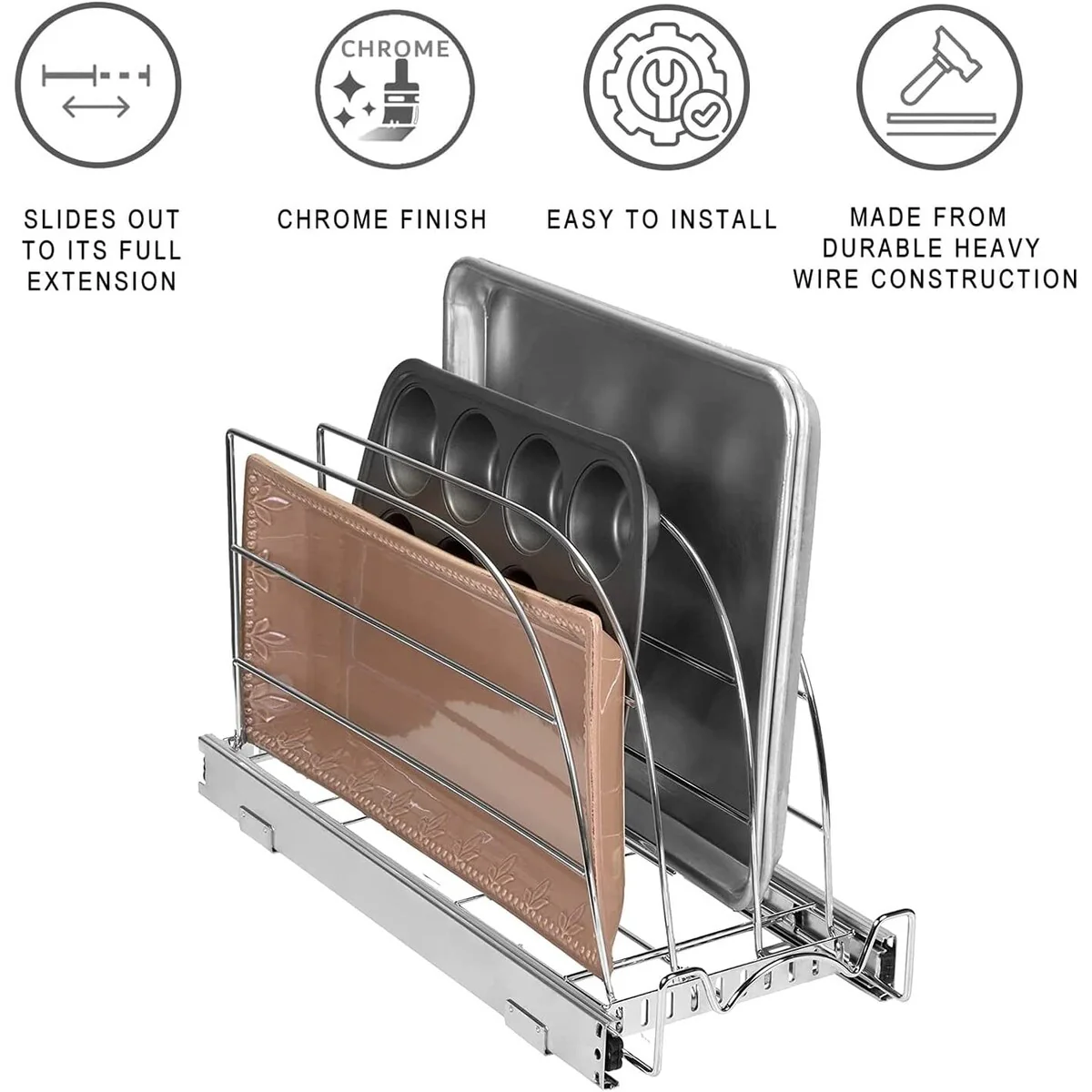 Hold N Storage Pull Out Bakeware Organizer 8.5” W x 21” L x 10.63” H Heavy Duty, Chrome