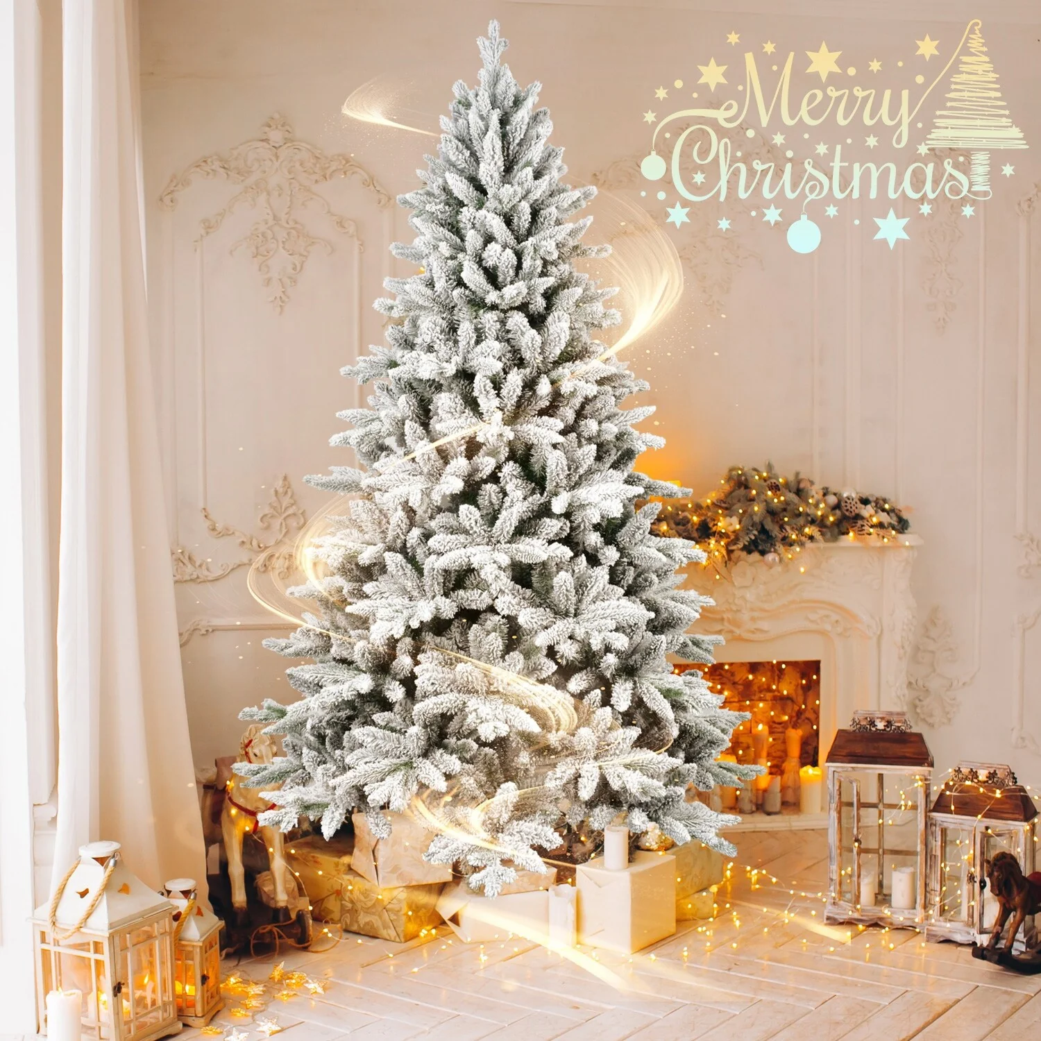 Realistic 5FT PE PVC Flocked Christmas Tree with Hinged Structure and Metal Stand, Fake Xmas Tree for Holiday Home Party