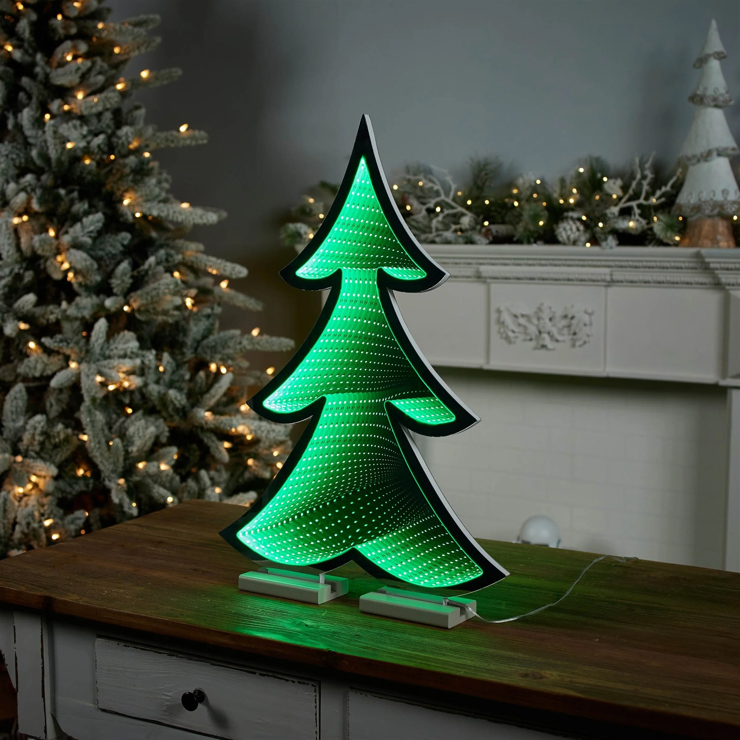 Green Acrylic PET Foam Pine Tree with Infinity Light Effect and UL Plug Power - 16.75” x 4” x 23.5” (L x W x H)