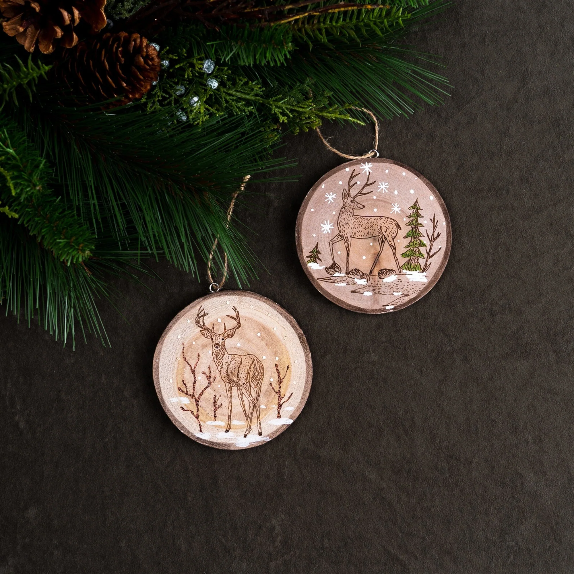 Club Pack of 12 Brown & Green Deer Tree Christmas Disc Ornaments 5.5