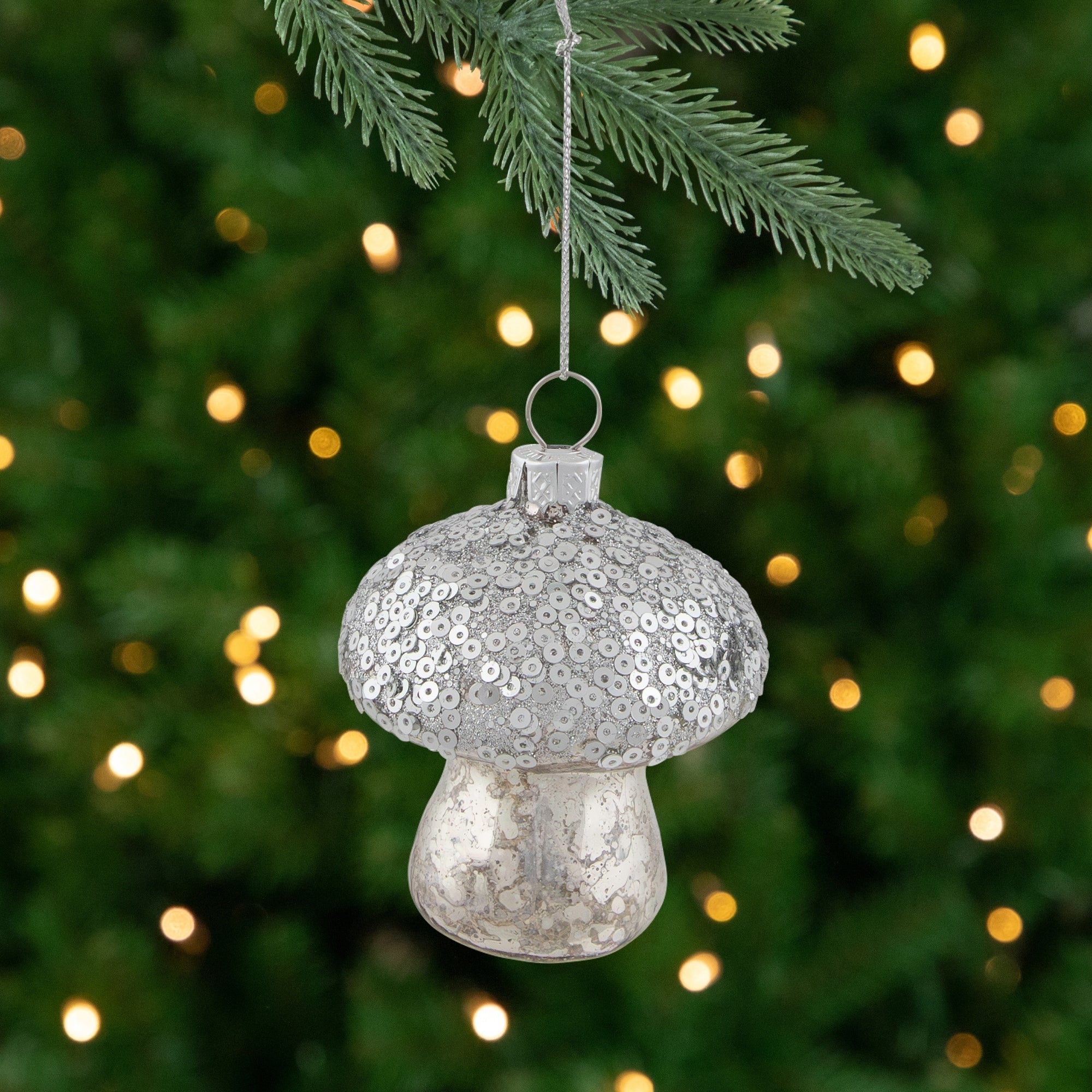 Sequined Mercury Glass Mushroom Christmas Ornament - 3.5