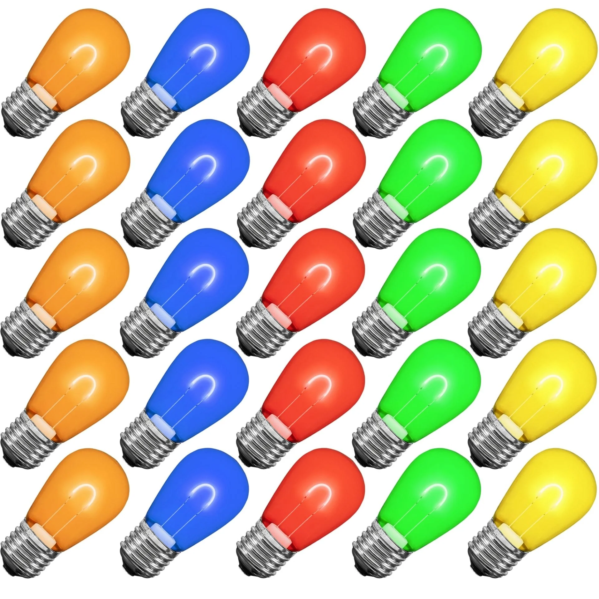25 Pack LED S14 Outdoor Patio Edison Replacement Bulbs, Multi, E26 Base