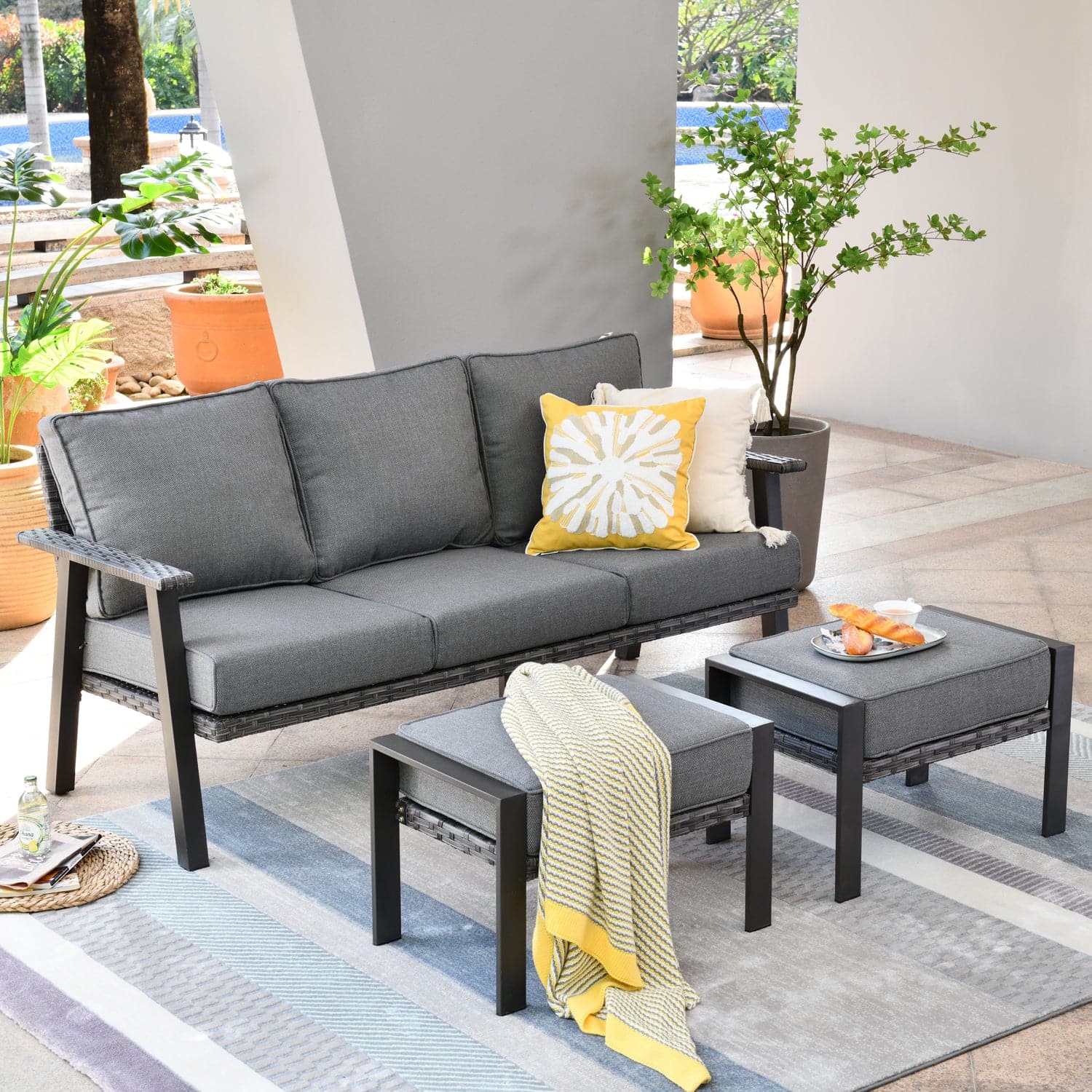 Ovios Bistro Set 3 Piece Couch with 2 Ottoman 5'' Cushion, Olefin Fabric