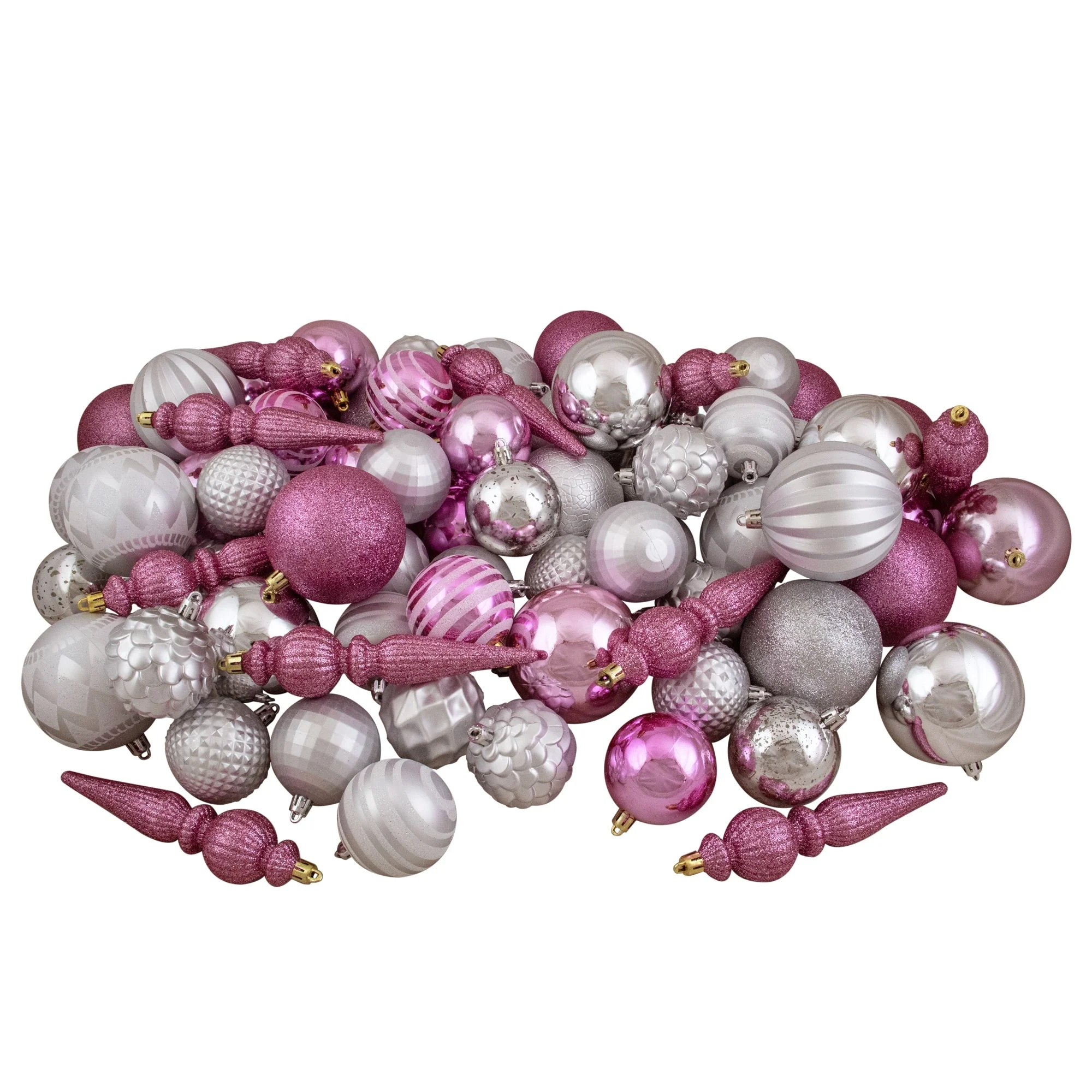 Shatterproof 3-Finish Christmas Ball and Finial Ornaments - Pink and Silver - 75ct