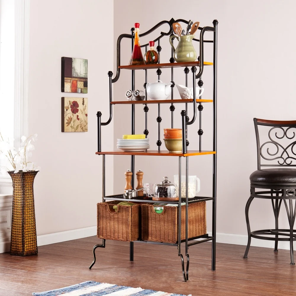 SEI Furniture Docherty Black Baker's Rack with Rattan Baskets