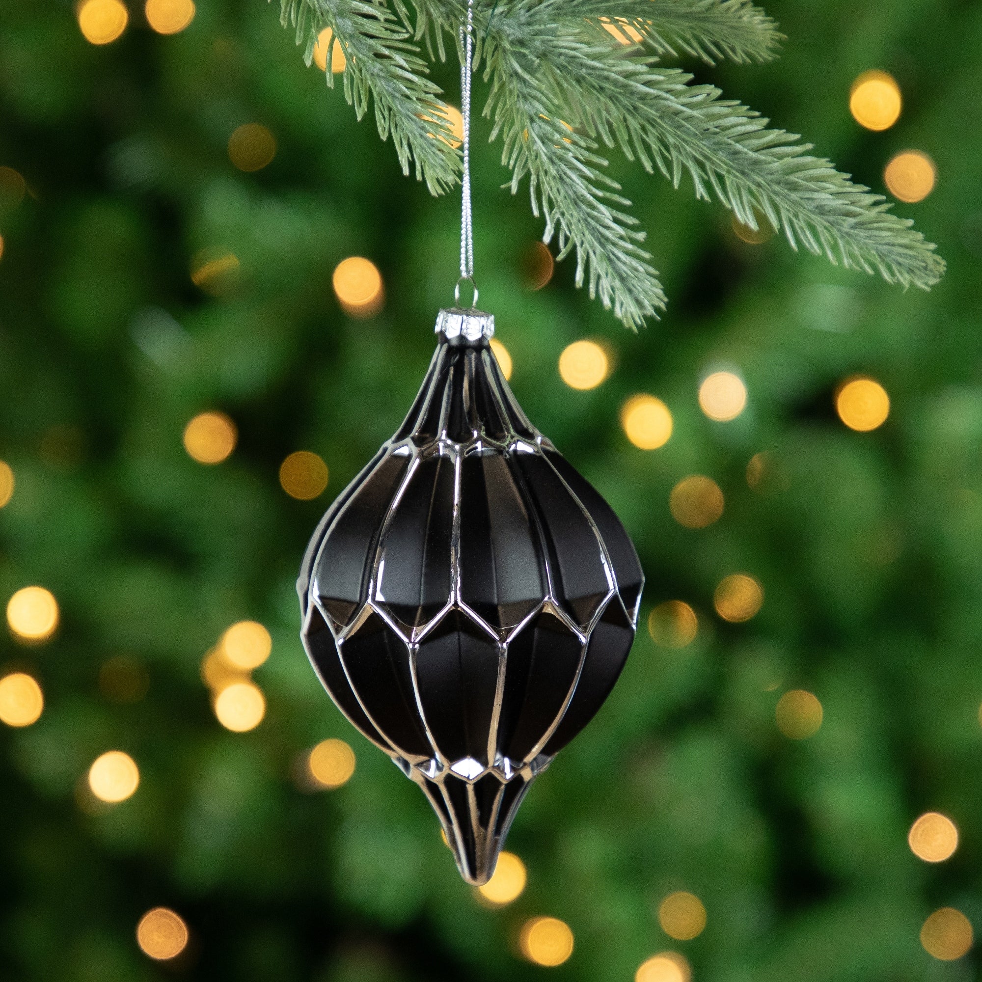 Set of 2 Matte Black and Silver Finial Christmas Glass Ornaments 5
