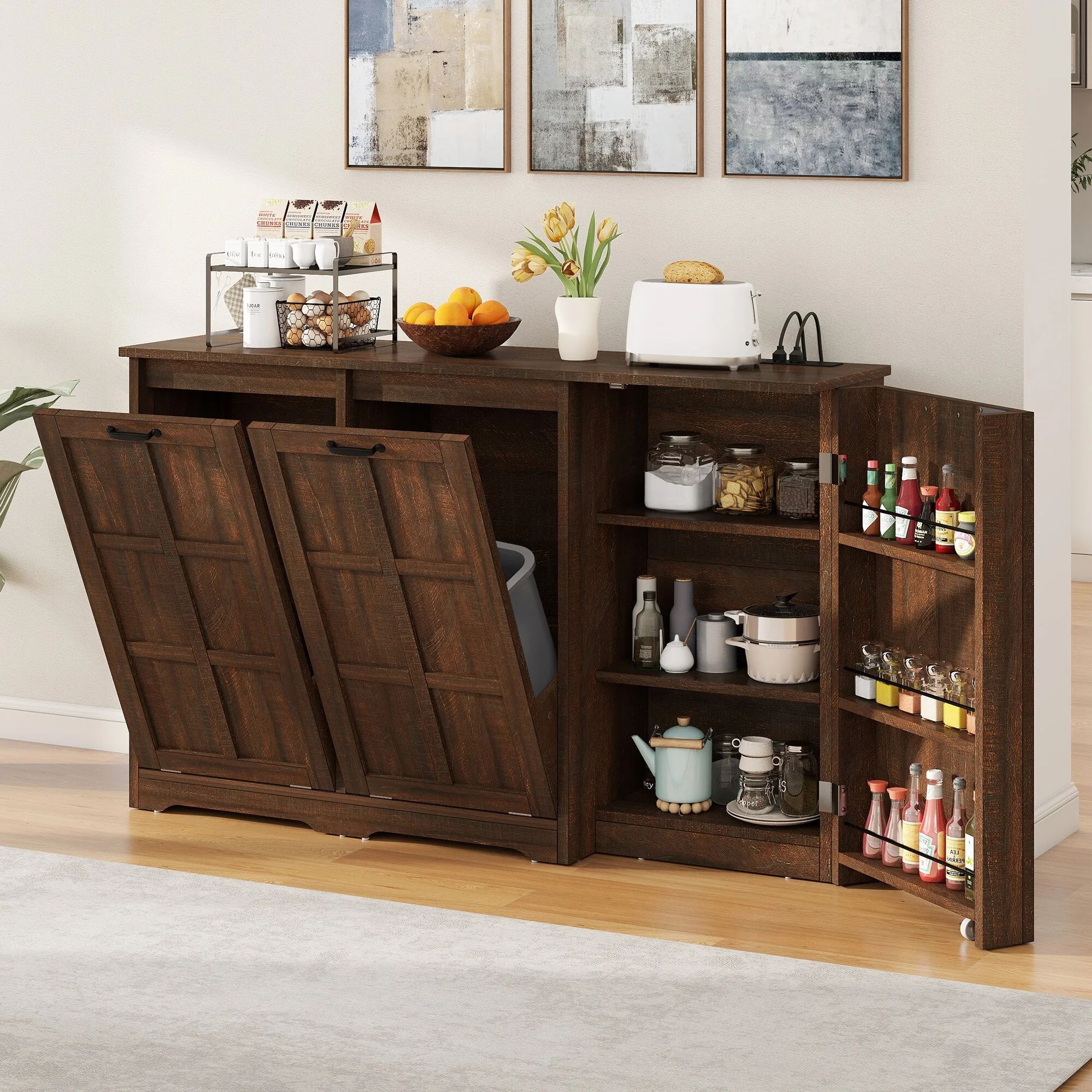 Moasis Kitchen Island with Double Tilt Out Trash Cabinet(13 Gallon) with Adjustable Shelves and Charging Station