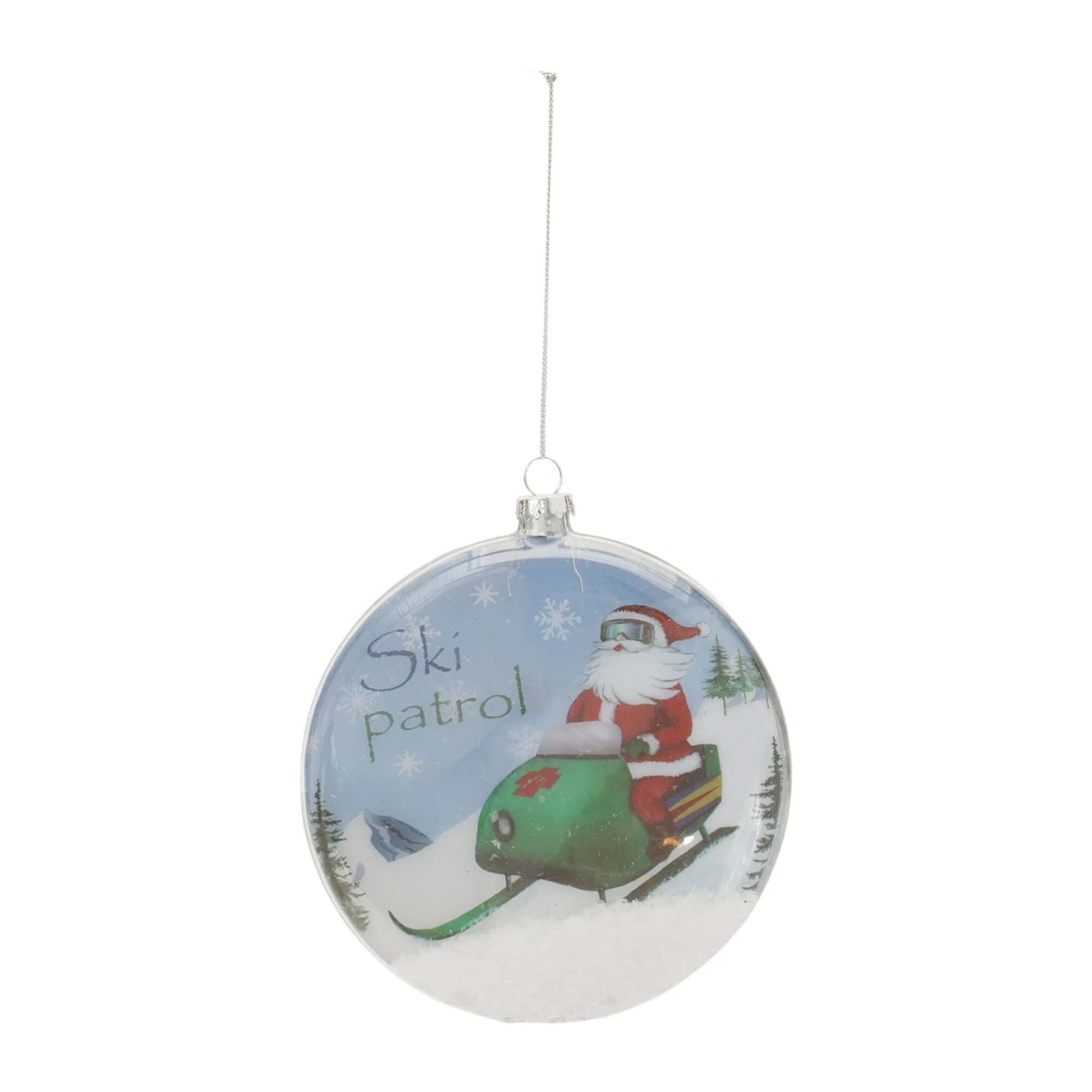 Santa Ski Patrol Glass Christmas Disc Ornaments - 5.25