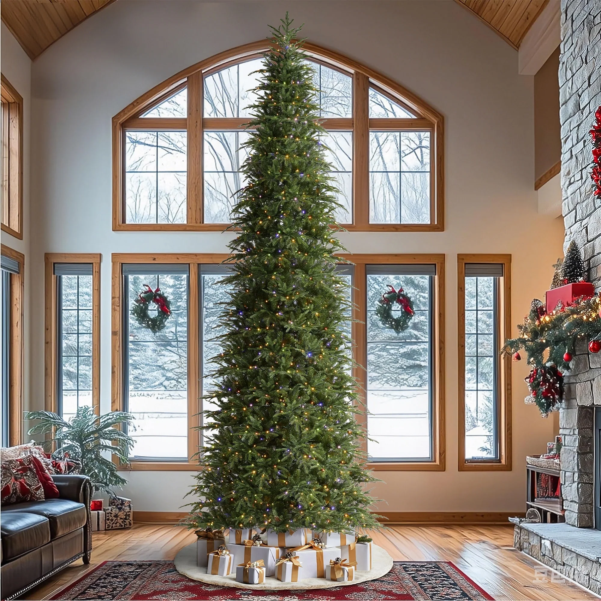 Glitzhome 7.5FT/9FT/11FT/15FT Pre-Lit Green Slim Fir Artificial Christmas Tree with Remote Control