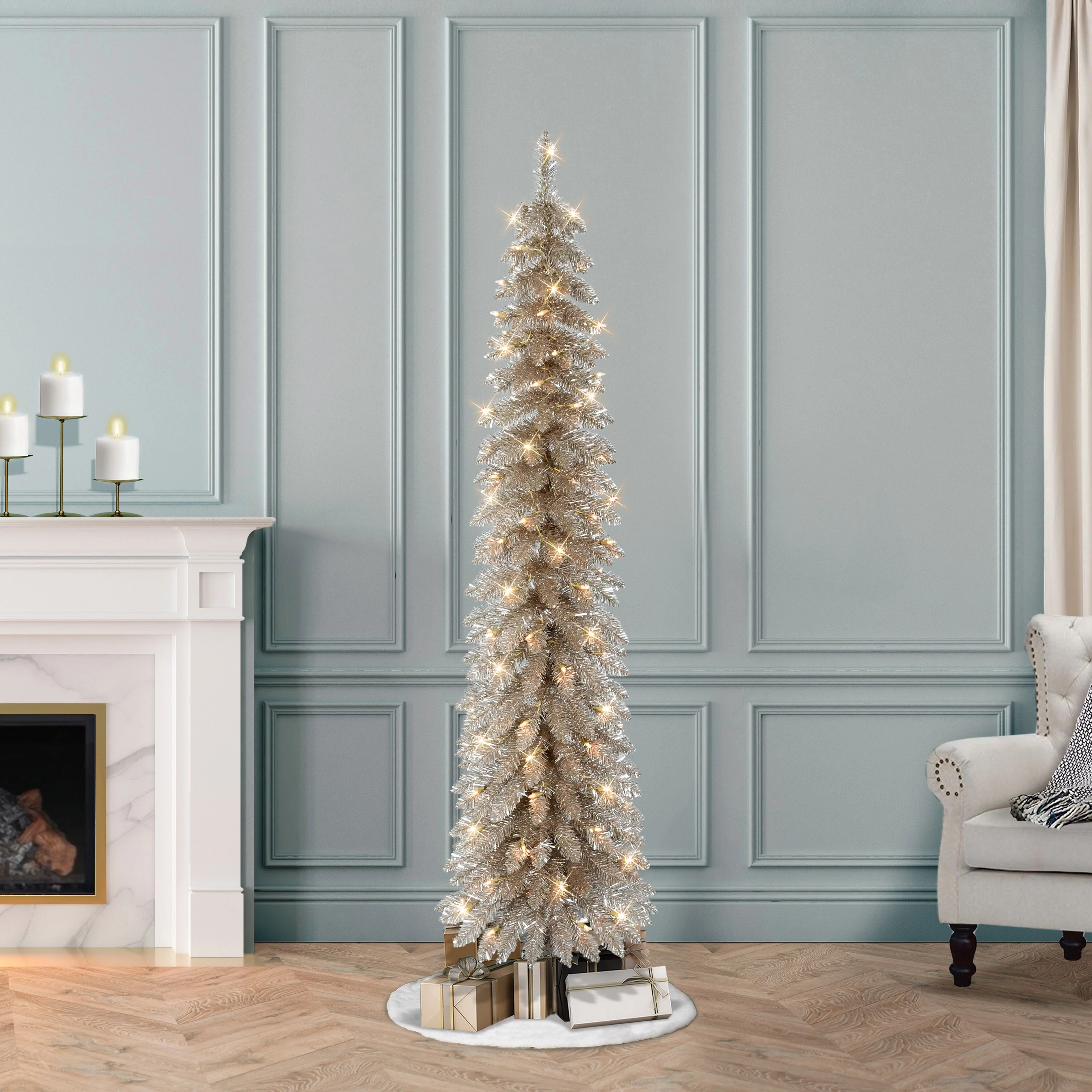 Puleo International 6' Pre-Lit Artificial Alpine Rose Gold Pencil Tree