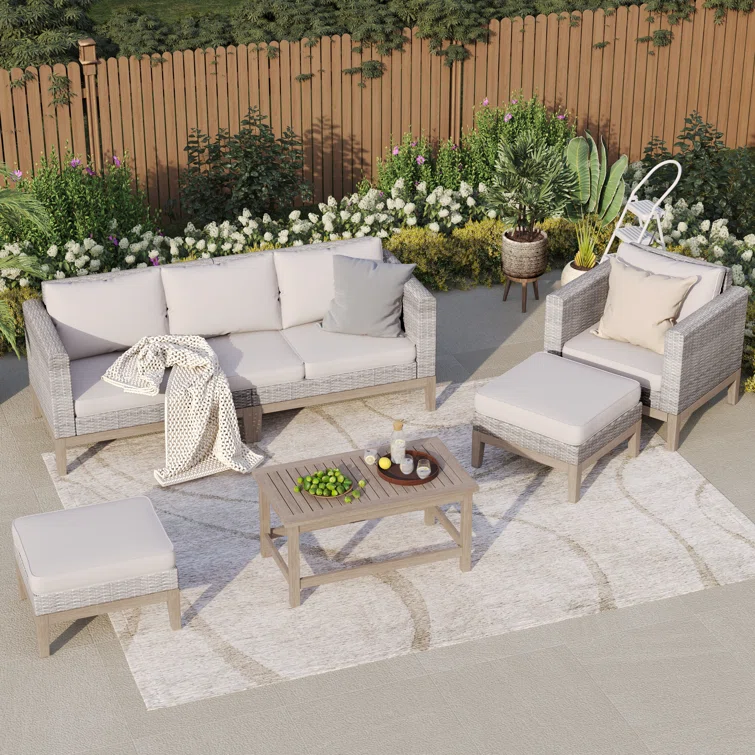 Romin 6-Person Outdoor Patio Conversation Furniture Set with Acacia Wood Coffee Table