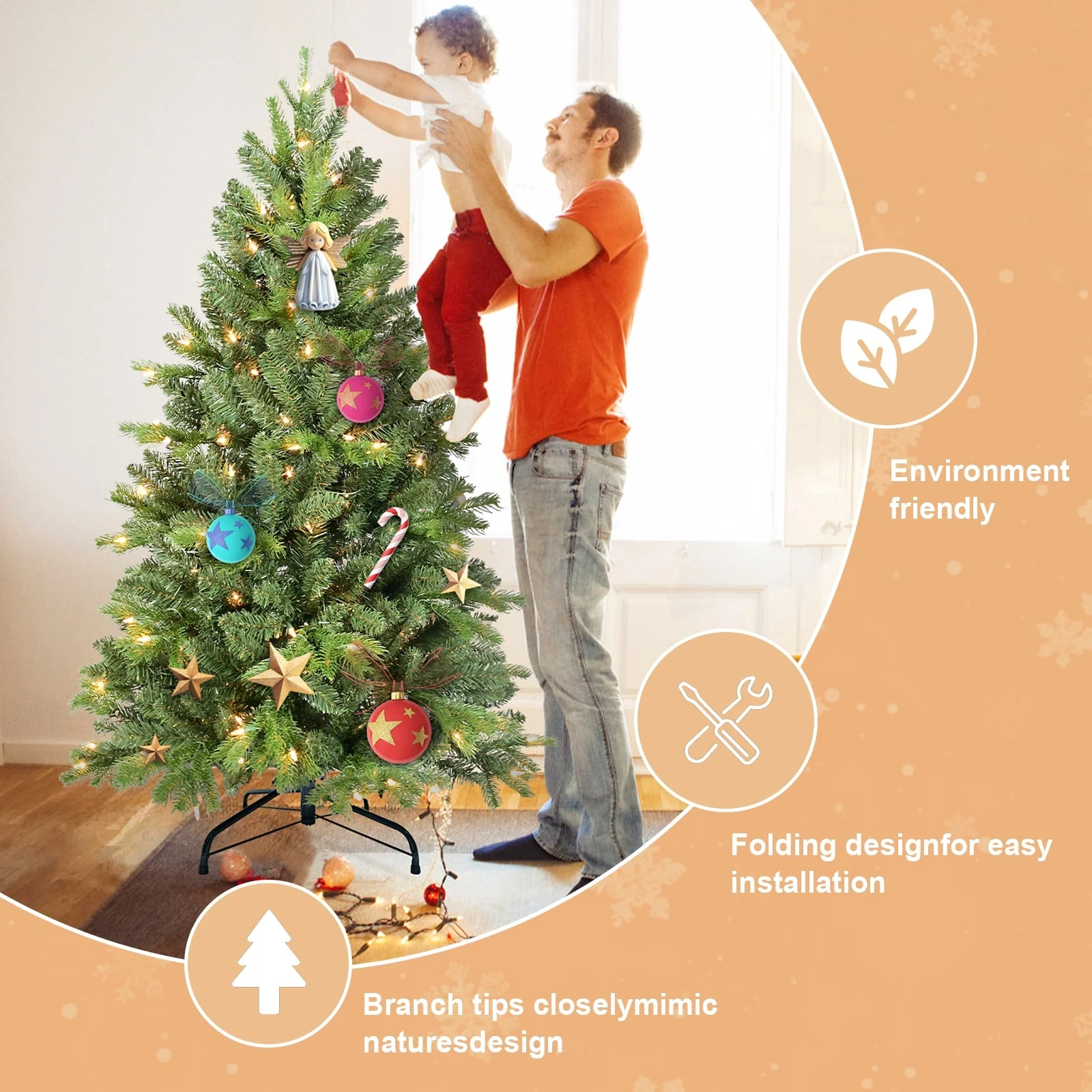 4FT Christmas Tree with 527 Tips and 150 Warm White LED Lights-PVC+PE Mixed Branches, Hinged Structure for Easy Setup