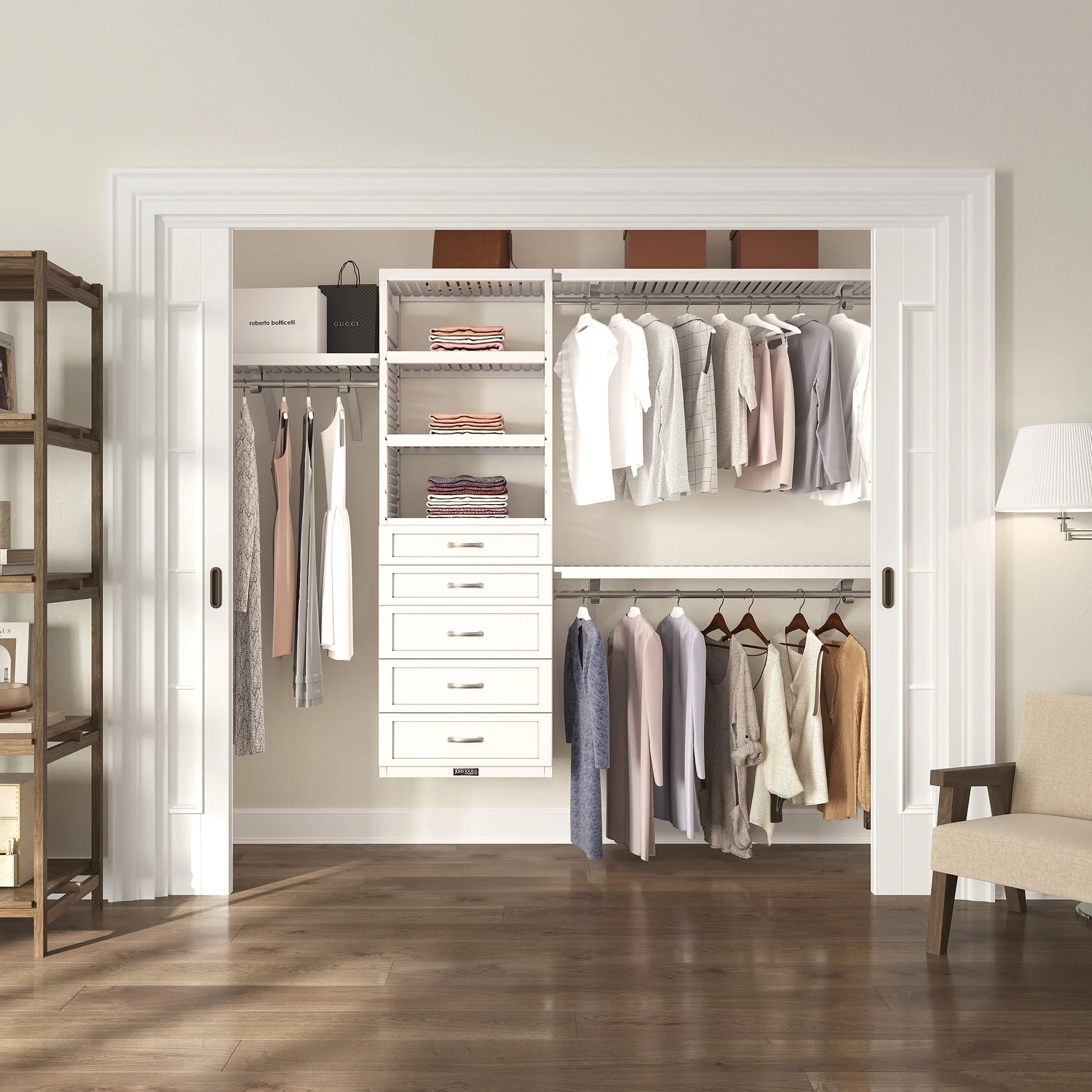 John Louis Home Solid Wood Walk-Ion Closet System with 5-Drawers White