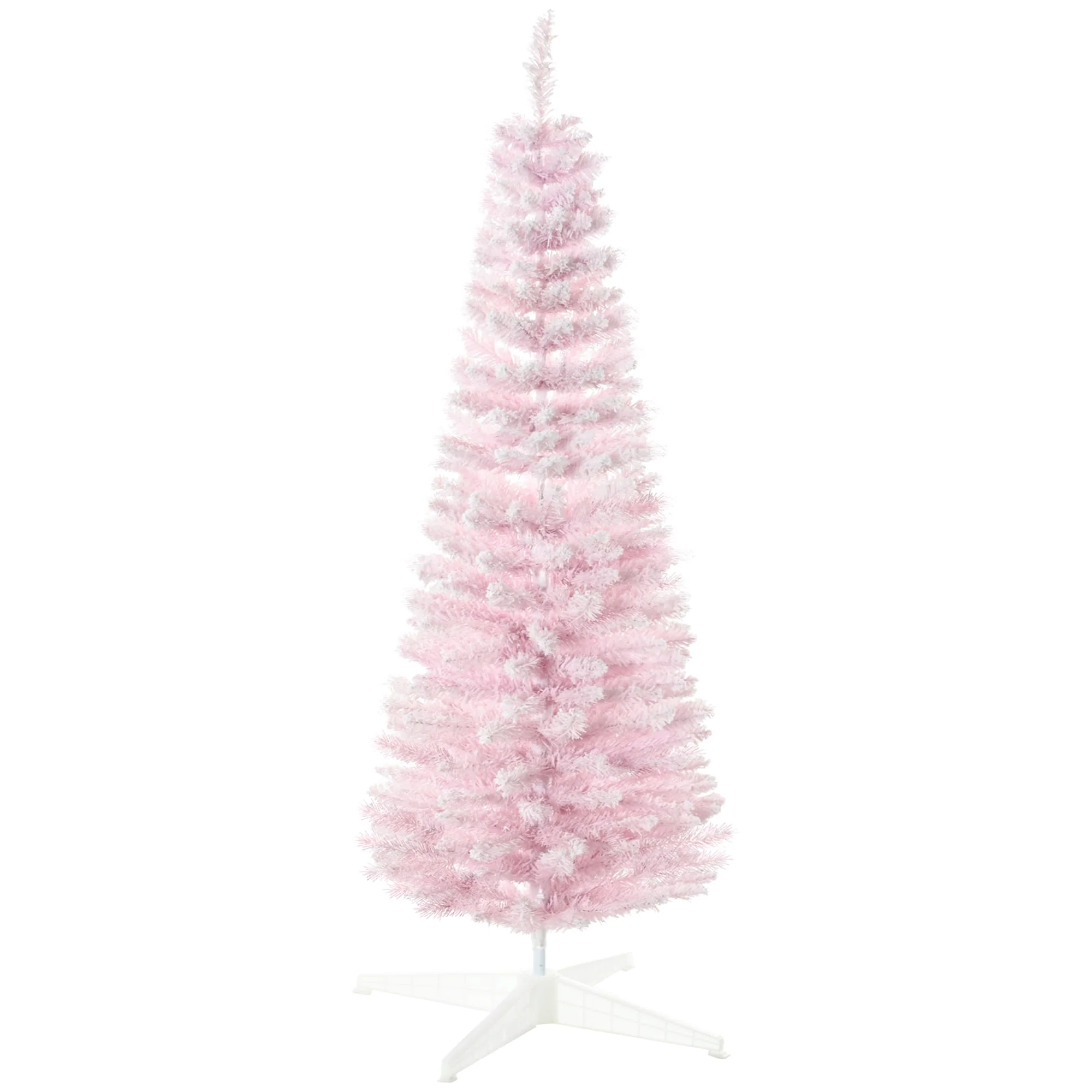 5' Tall Pink Pencil Christmas Tree, Snow Flocked, Slim with Plastic Base for Indoor Use