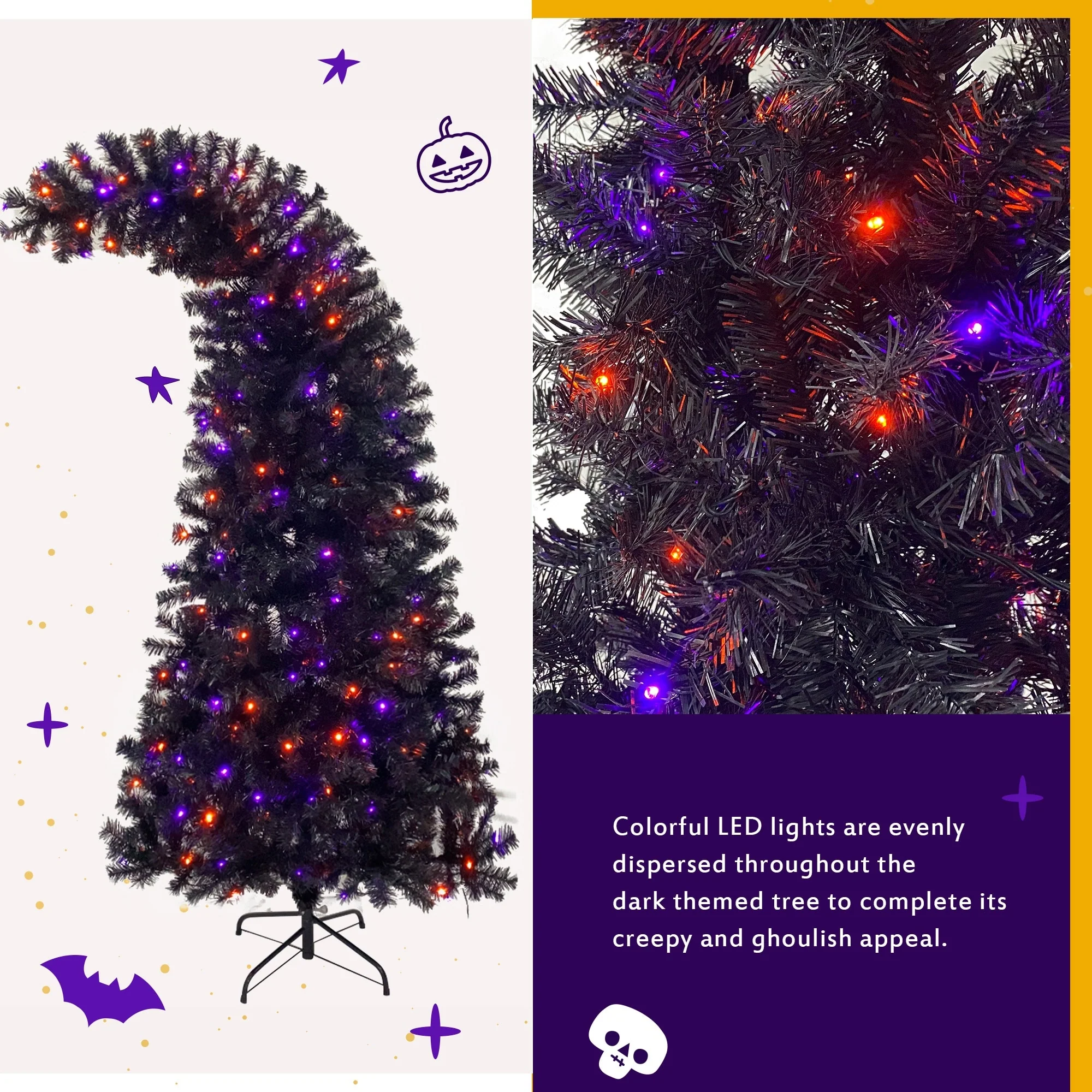 6FT Bent Top Grinch Style Artificial Christmas Tree, 1,080 Lush Branch Tips & 300 LED Lights, Halloween Holiday Decor