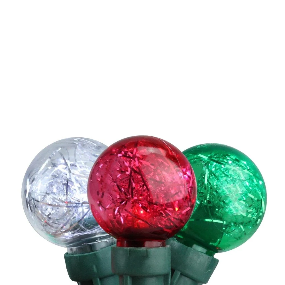 Set of 25 Red Green and Pure White Tinsel Wide Angle LED G30 Globe Christmas Lights - Green Wire