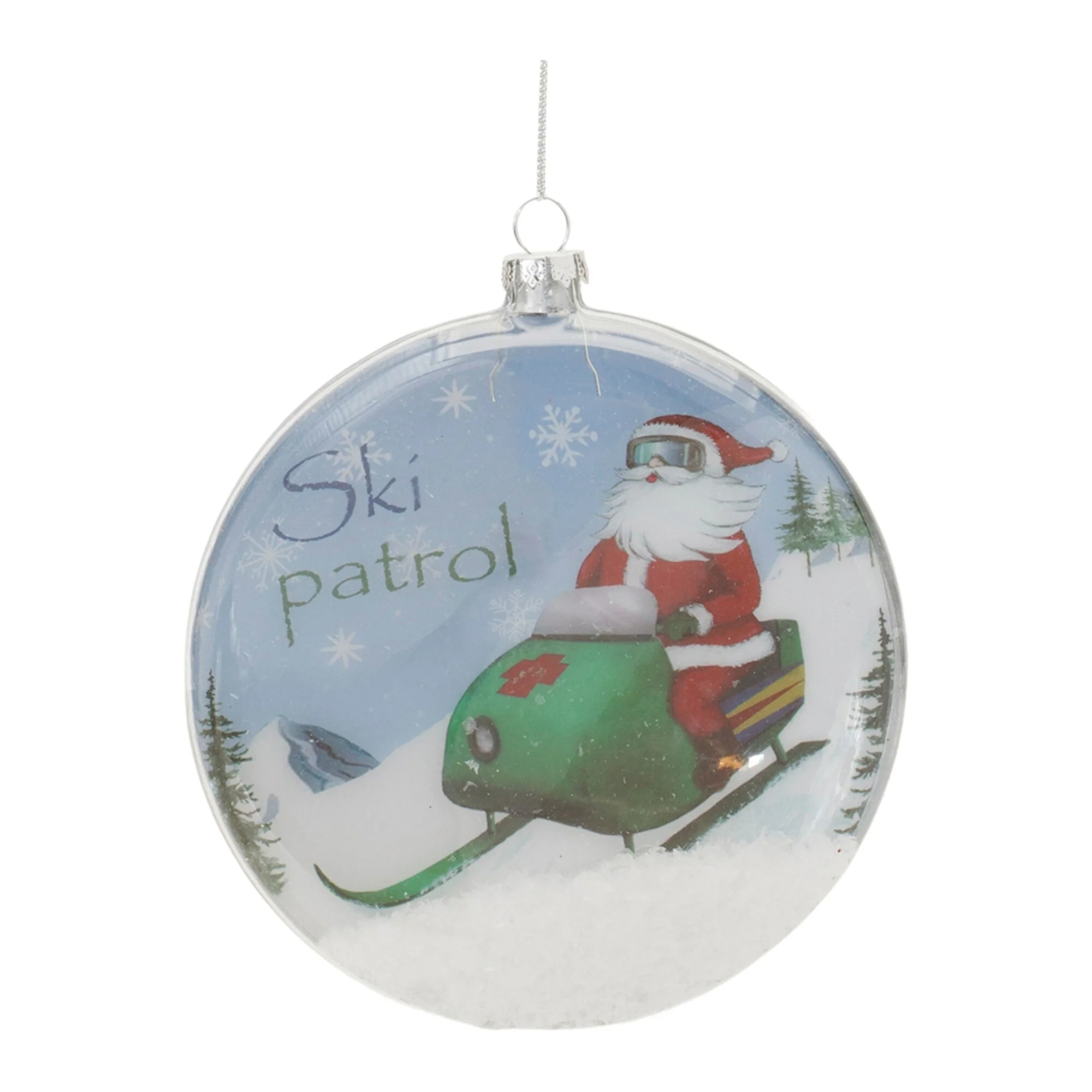 Santa Ski Patrol Glass Christmas Disc Ornaments - 5.25