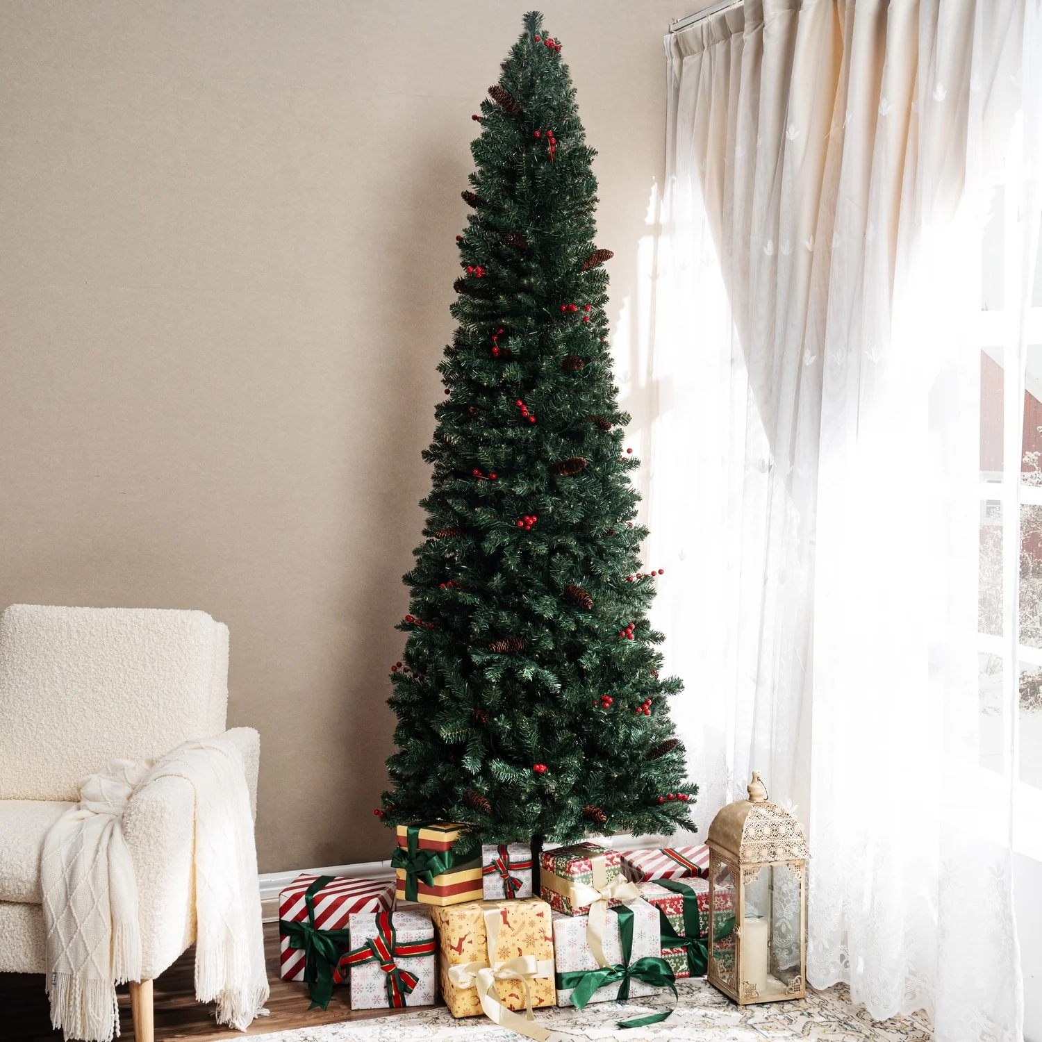 6.5ft Pencil Christmas Tree Prelit pre-Decorated with Pine Cones Red Berries 250 Warm Lights and Metal Stand