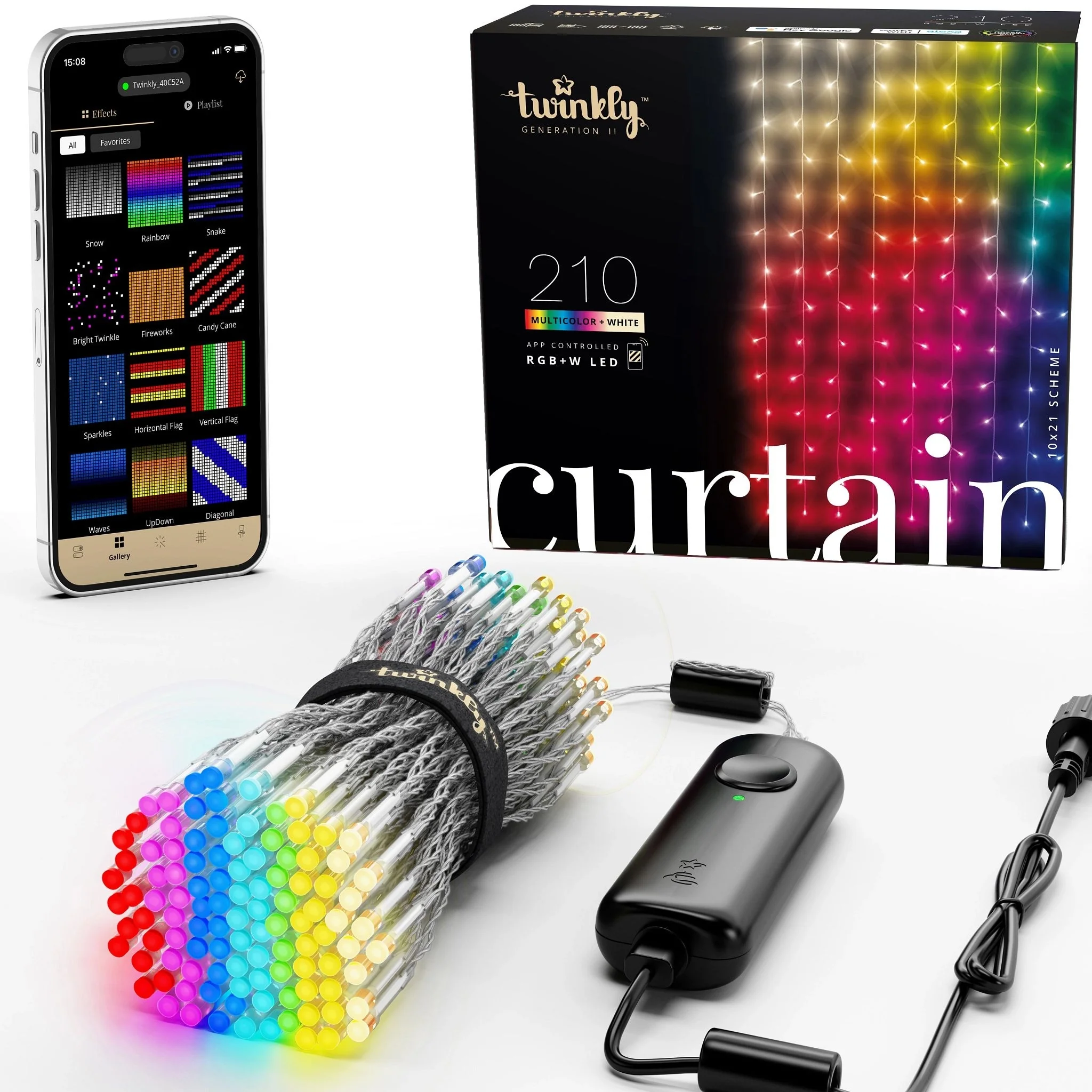 Twinkly Curtain App-Controlled Smart LED Christmas Lights 210 Multicolor + White - 1.6