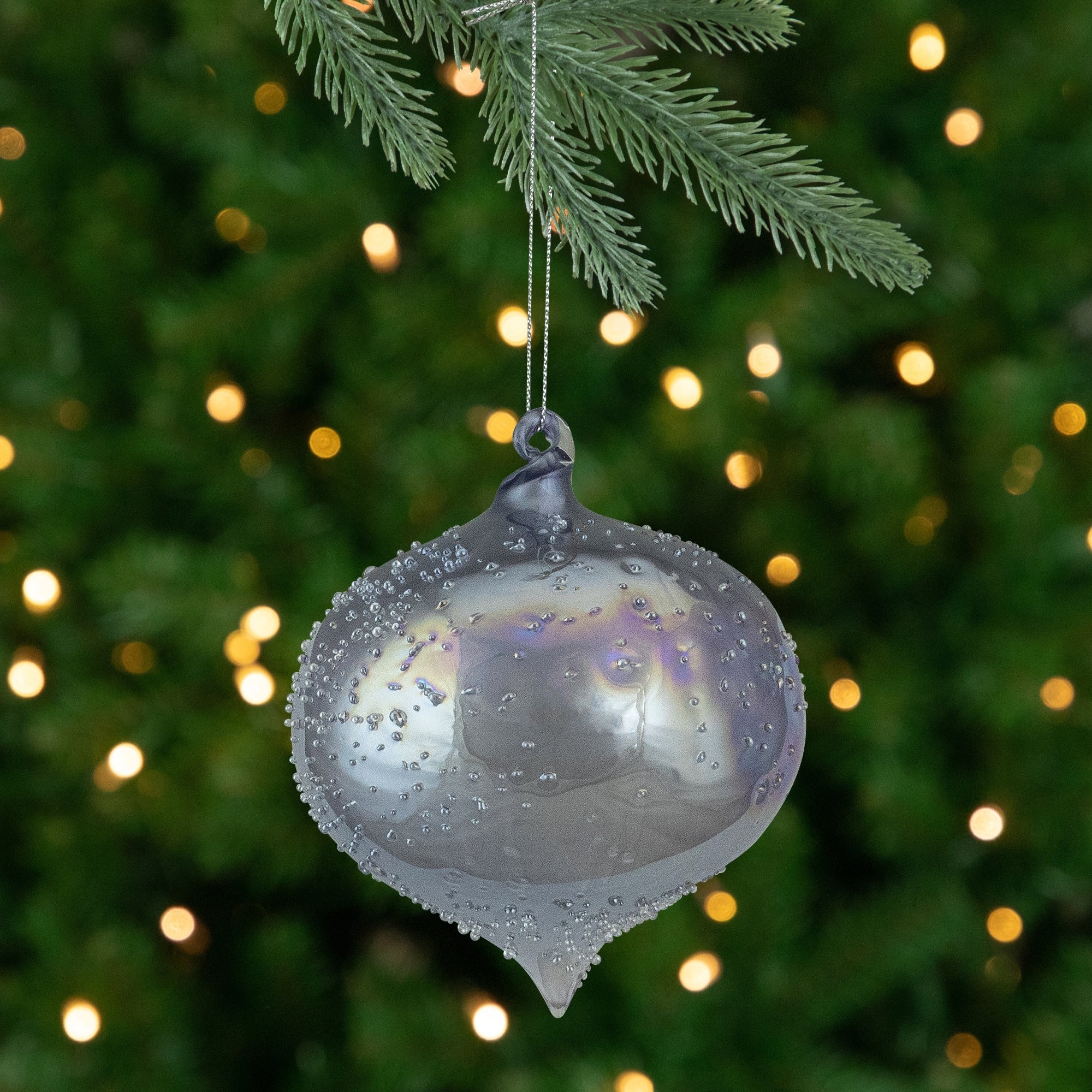 4.5-Inch Silver Iridescent Glass Onion Christmas Ornament