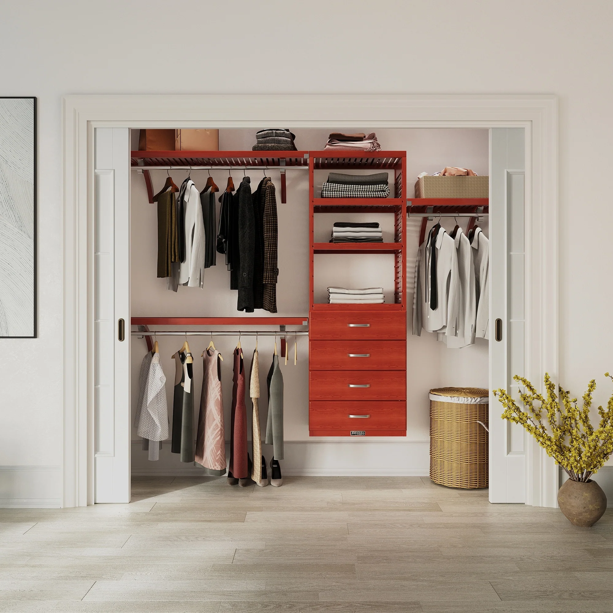 John Louis Home Solid Wood Reach-In Closet System with 4 Drawers Red Mahogany