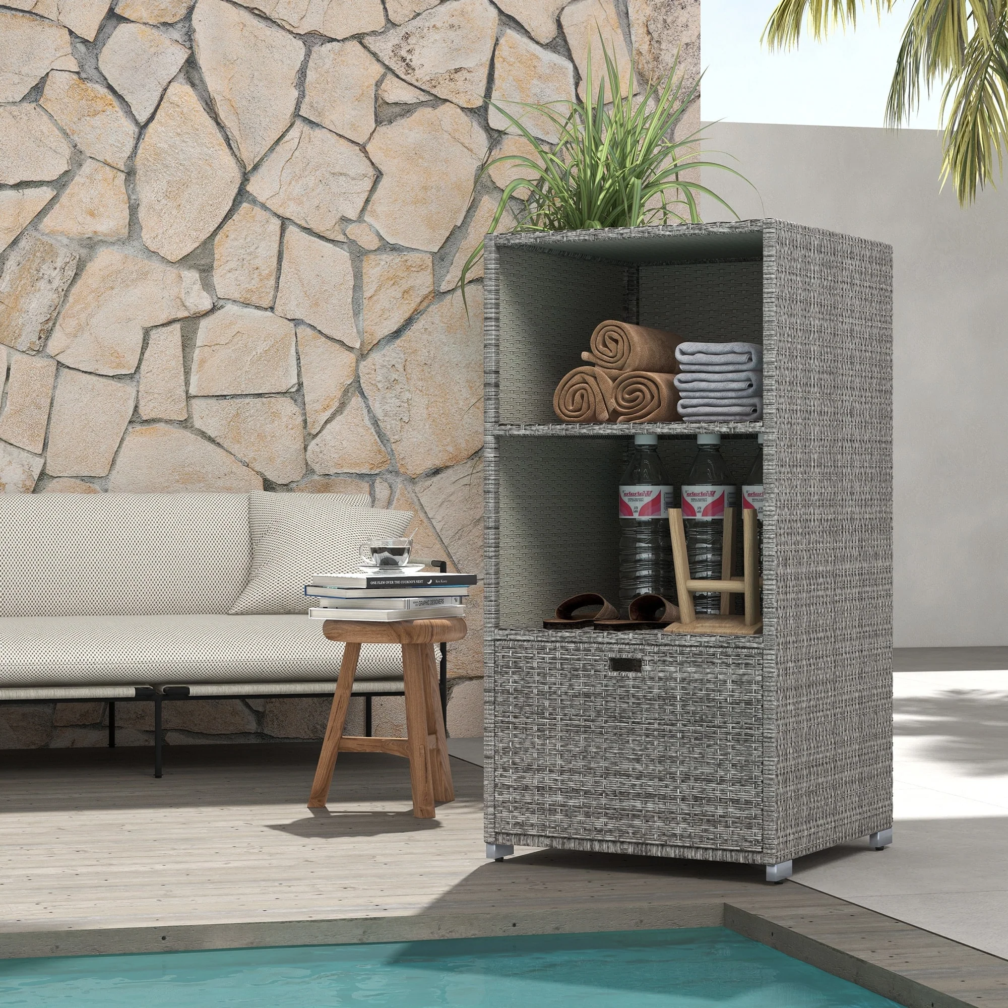 Outsunny Valet Pool Towel Rack, Waterproof PE plastic Rattan Wicker, Indoor Outdoor Spa, and Hot Tub Accessory Storage