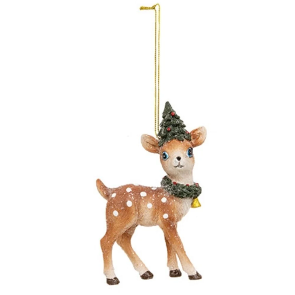 Resin Fawn Christmas Ornaments with Wreath and Tree Accents - 2 Asstd. - 5.25” high by 3.5” wide by 1” deep
