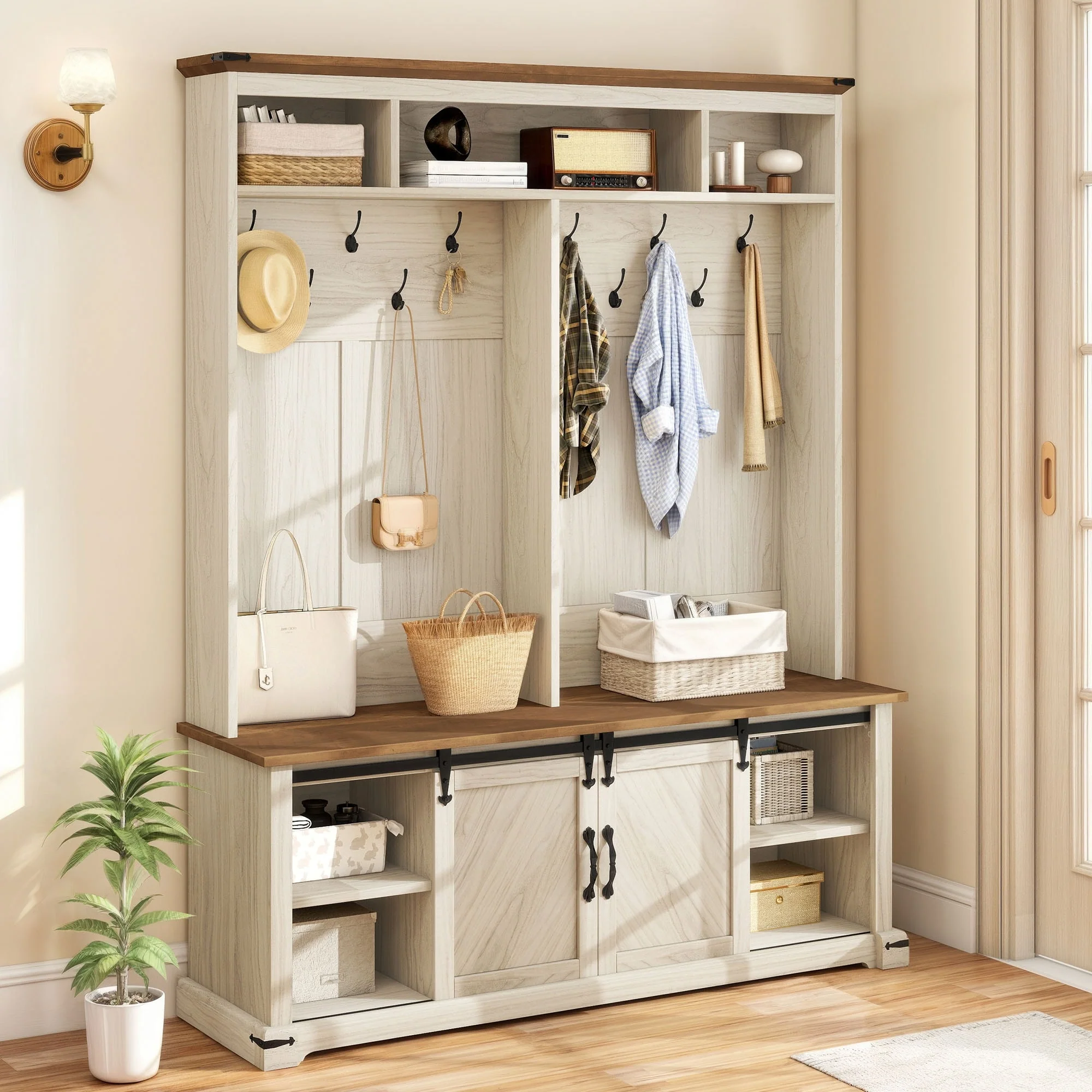 Moasis Farmhouse Hall Tree with Bench and Shoe Storage with 10 Hooks for Entryway
