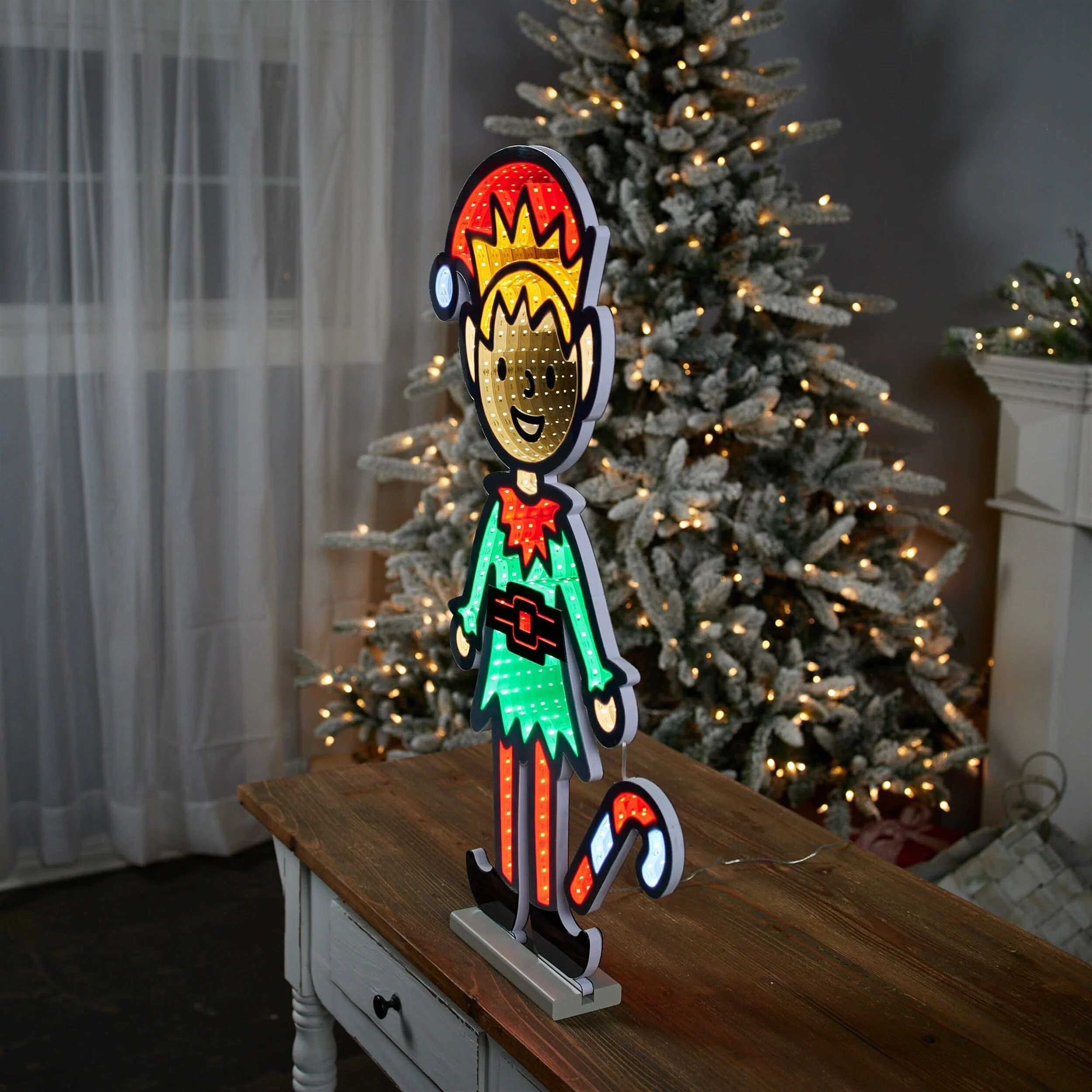 Acrylic Plastic Elf with Candy Cane and Infinity Light Effect - 14.75” x 2.75” x 29” (L x W x H)