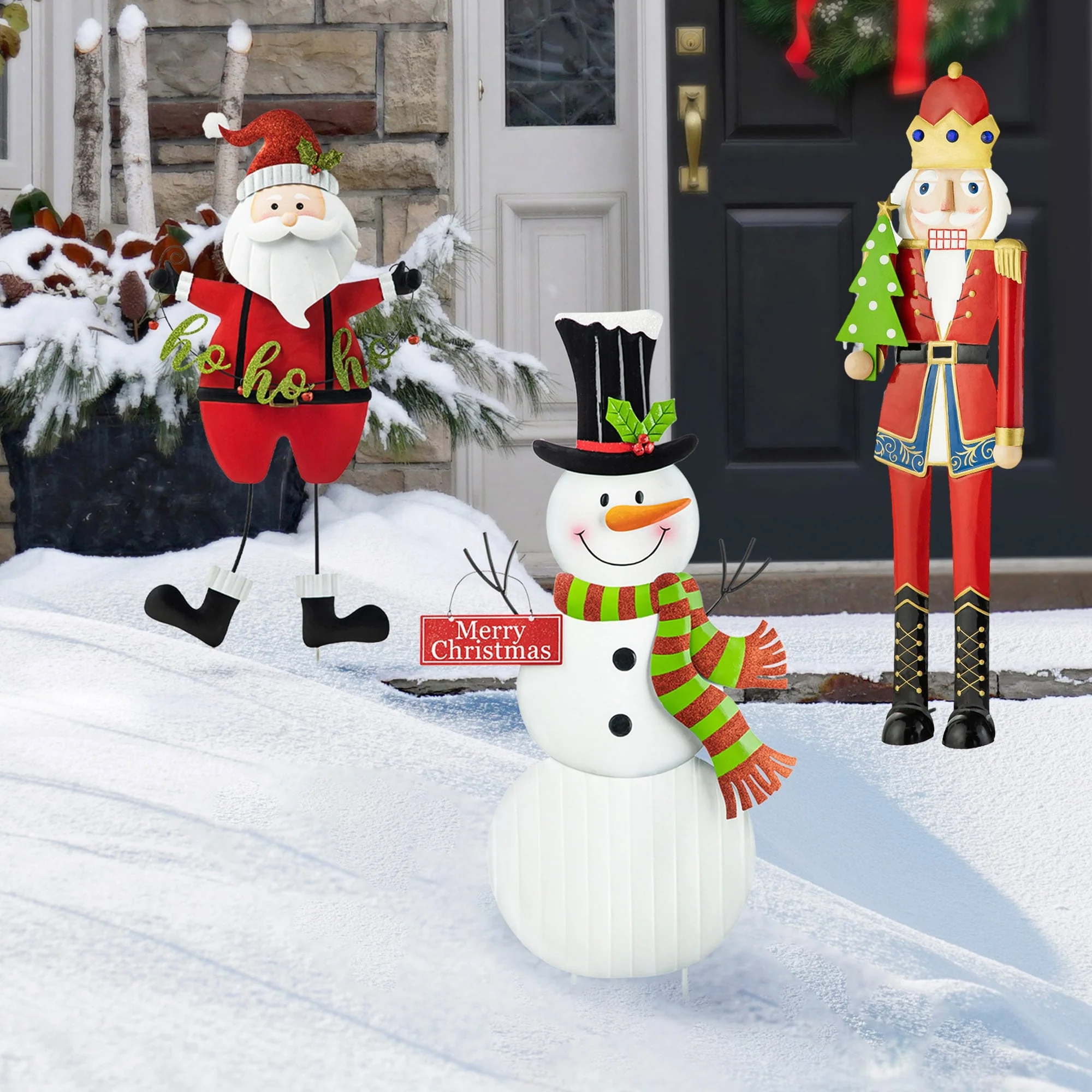 Glitzhome Christmas Metal Nutcraker Snowman Santa Garden Yard Stakes Wall Decor
