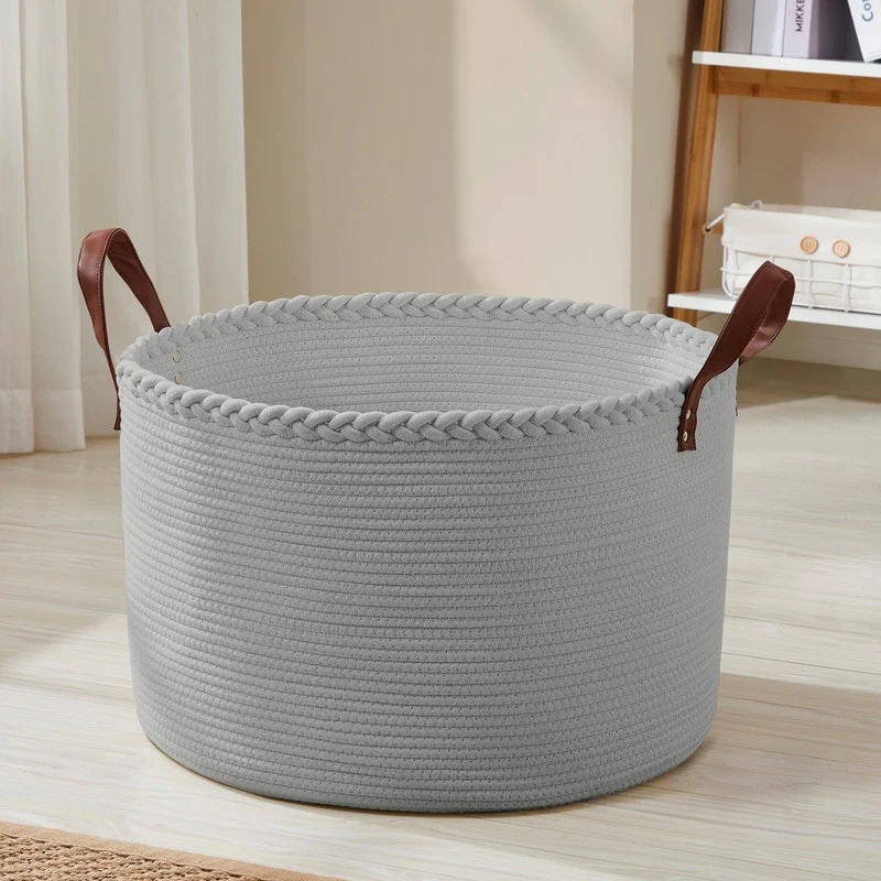 Large Round Cotton Rope Storage Basket Laundry Hamper with Leather Handles, 21 x 21 x 14 - 21