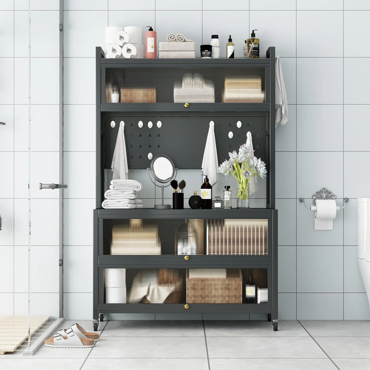 Kitchen Storage Cabinets with wheels - Bakers Rack Countertop, Microwave Oven Shelf Cabinet, Storage Organizer