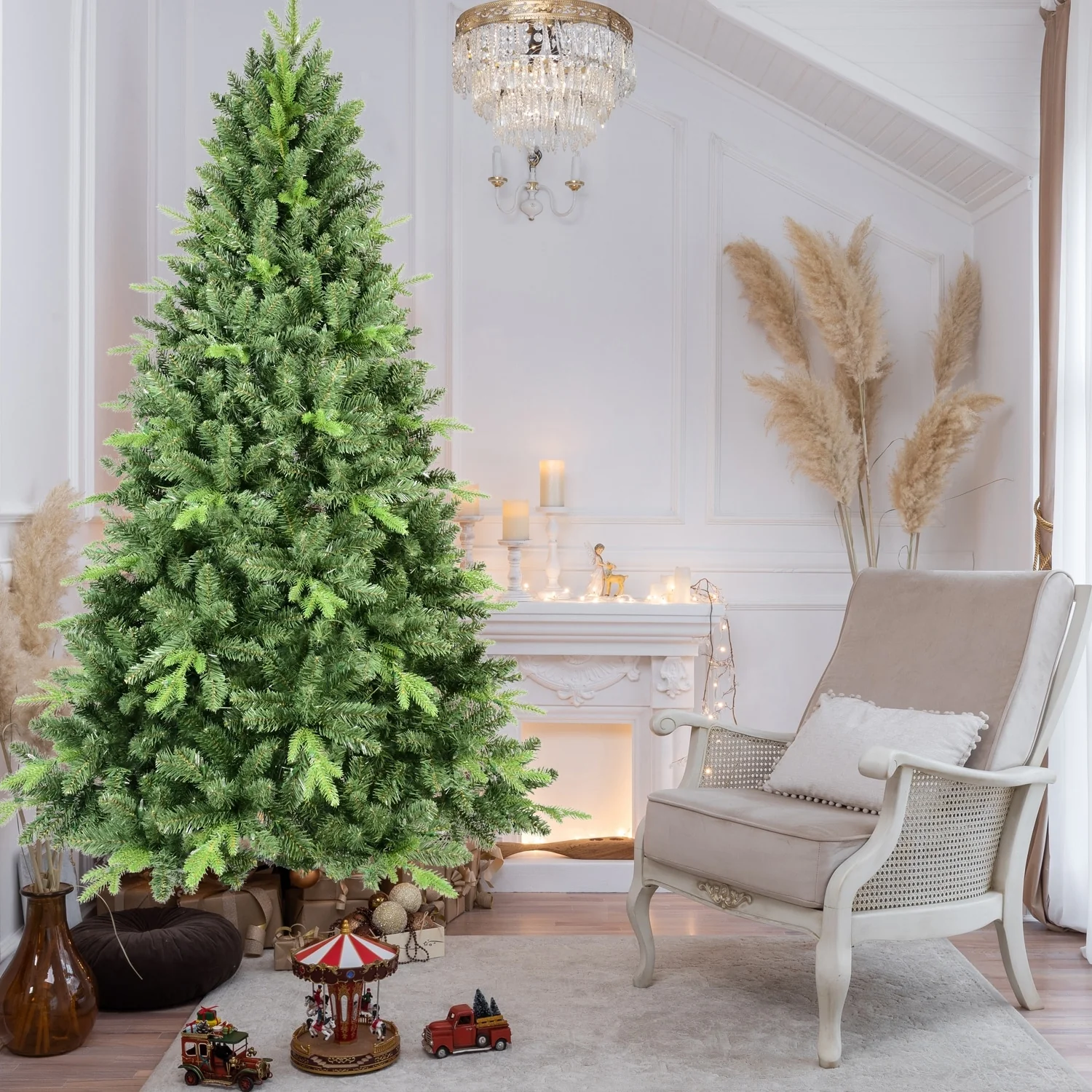 8FT/9FT Premium Spruce Artificial Xmas Tree with 2535/3509 PE & PVC Branch Tips, Hinged Branches & Foldable Base