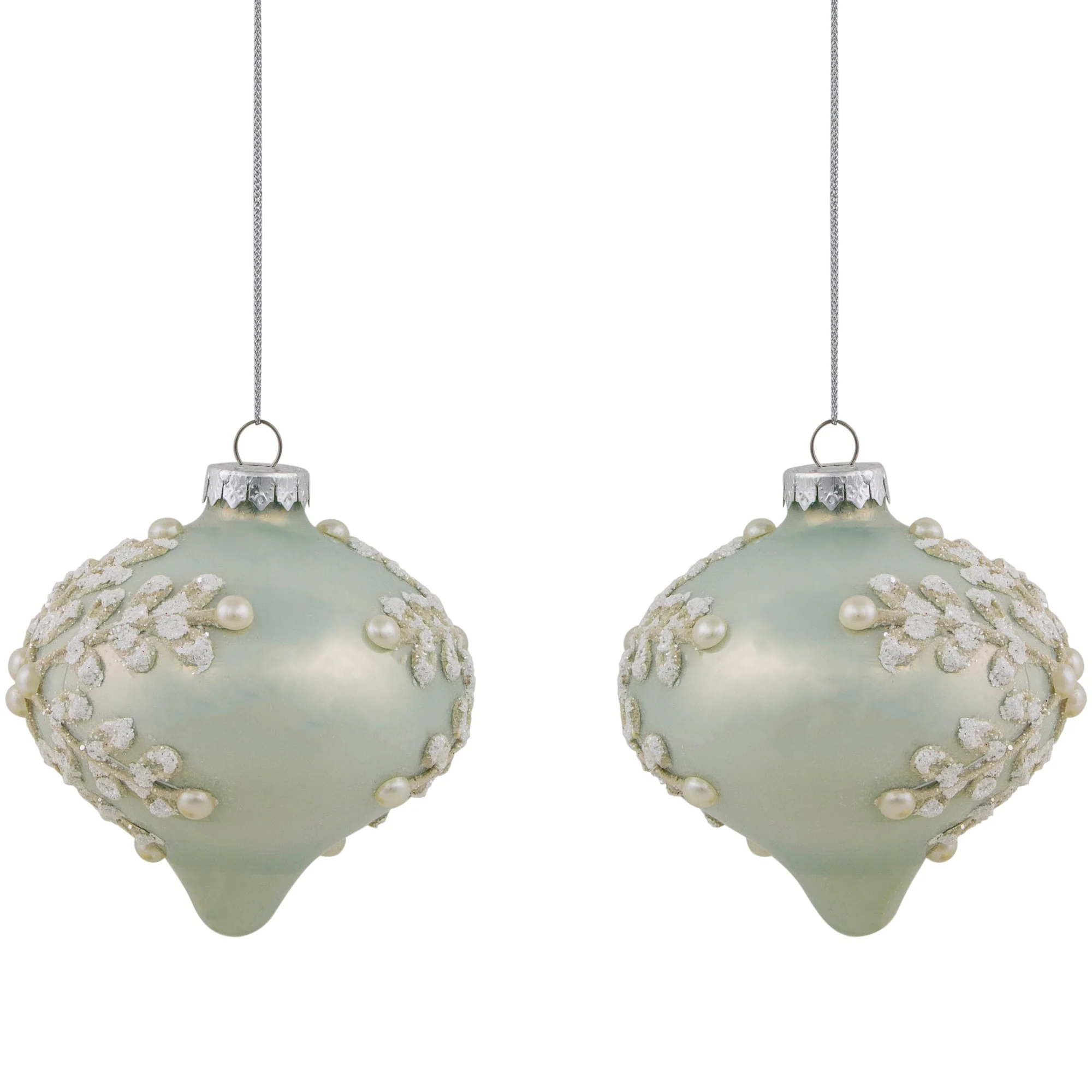 2 Pastel Green Icy Snowflakes Christmas Glass Onion Ornaments 4