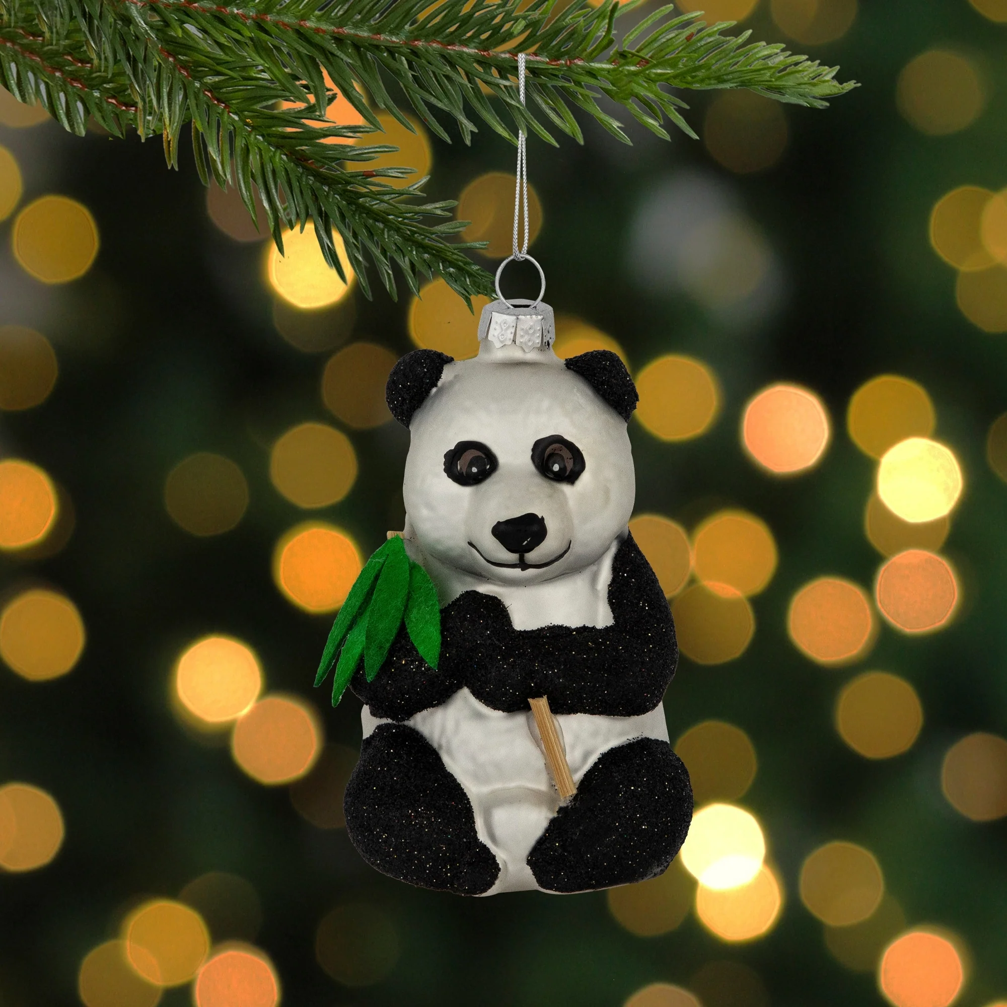 Glittered Panda Bear Glass Christmas Hanging Ornament - 4