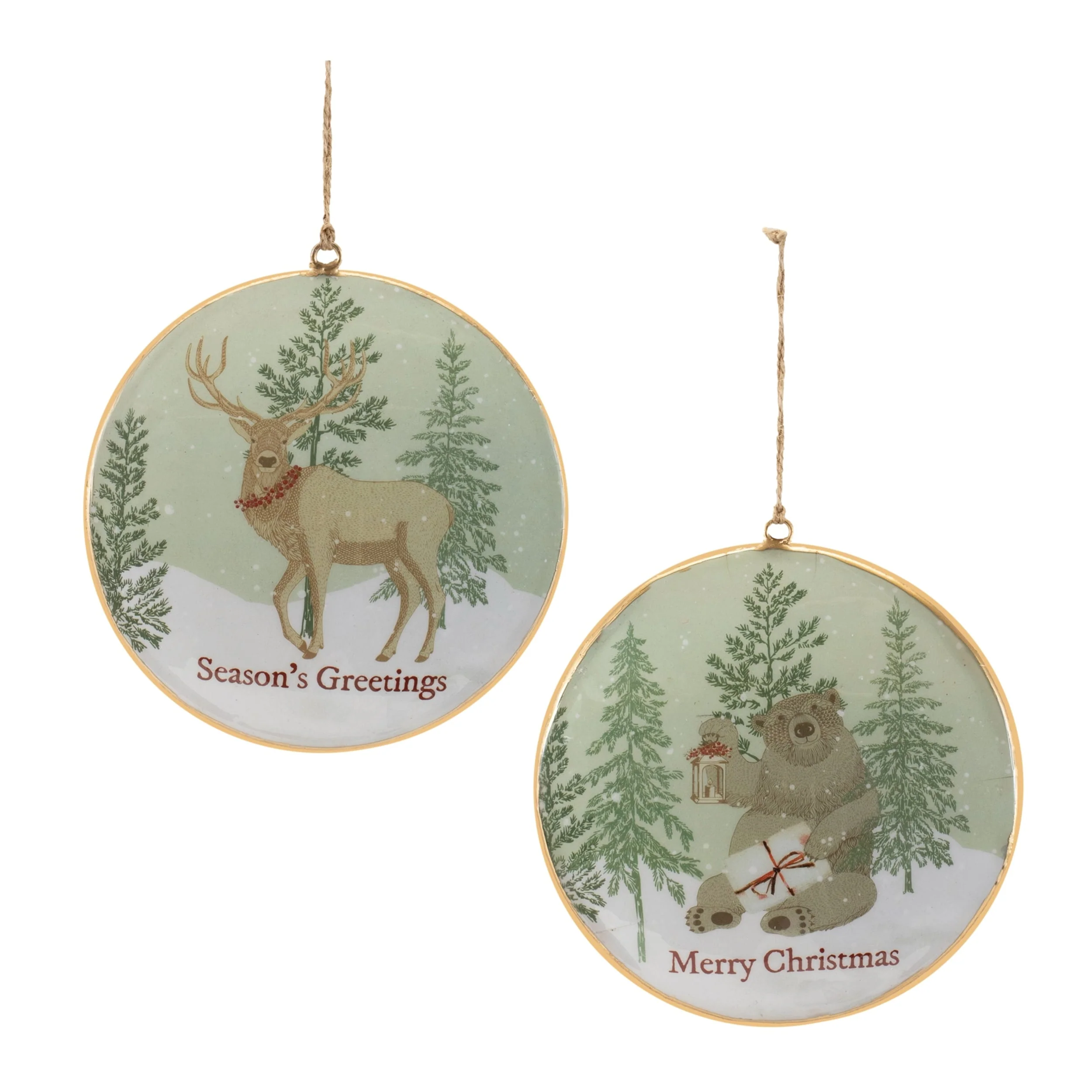 Set of 6 Woodland Christmas Ornaments with Bear and Deer Design Round Disc Holiday Tree Decor - 5.75”L x 1.25”W x 5.75”H