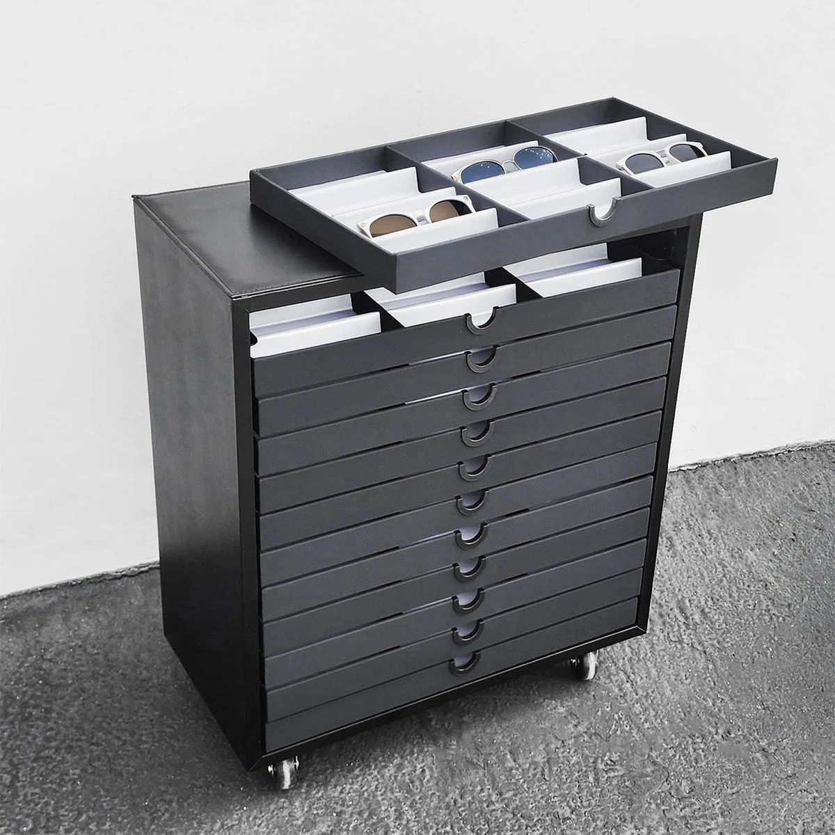 144 Eyeglass Storage Organizer Cabinet, 12 Sunglass Holder Trays, Faux Leather Eyewear Display with Wheels, Black Color - S
