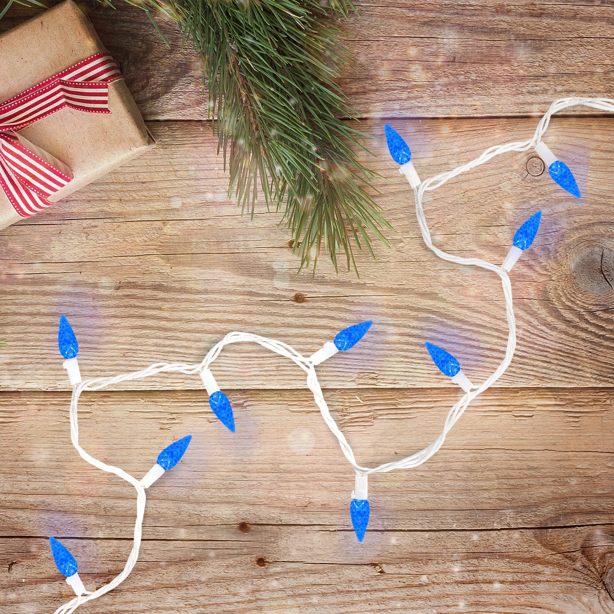 70 Count Blue LED C6 Faceted Christmas Lights, 22.5 ft White Wire