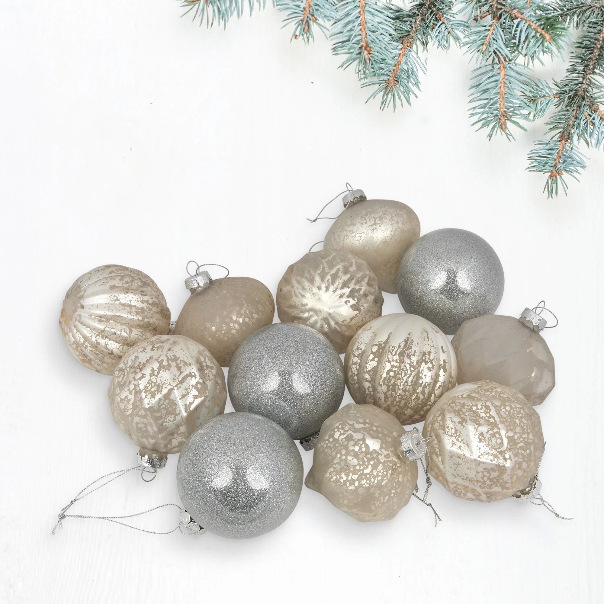 12ct Champagne Silver Mercury Glass Style Glass Ornament Set 3