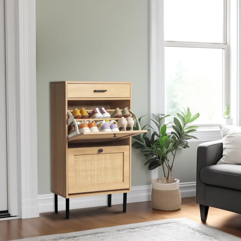 Real Rattan Shoe Cabinet with 2 Flip Drawers & 1 Small Drawer