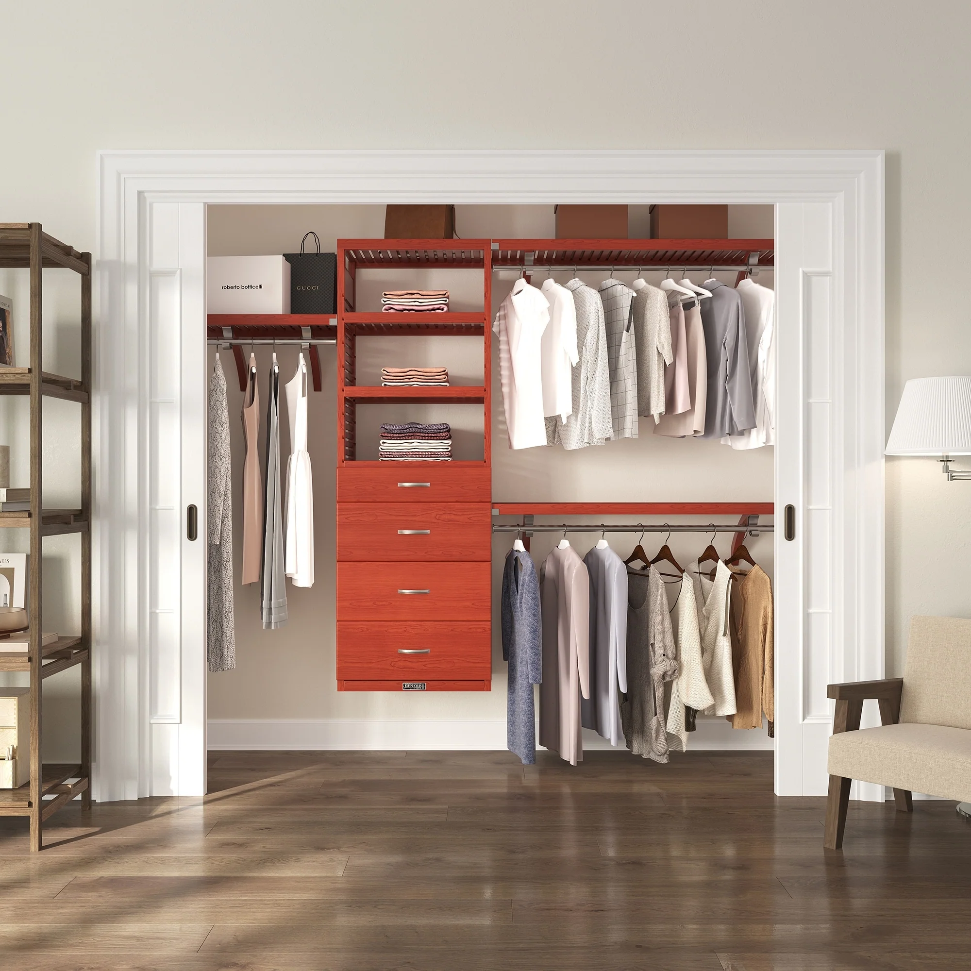 John Louis Home Solid Wood Walk-In Closet System with 4-Drawers Red Mahogany