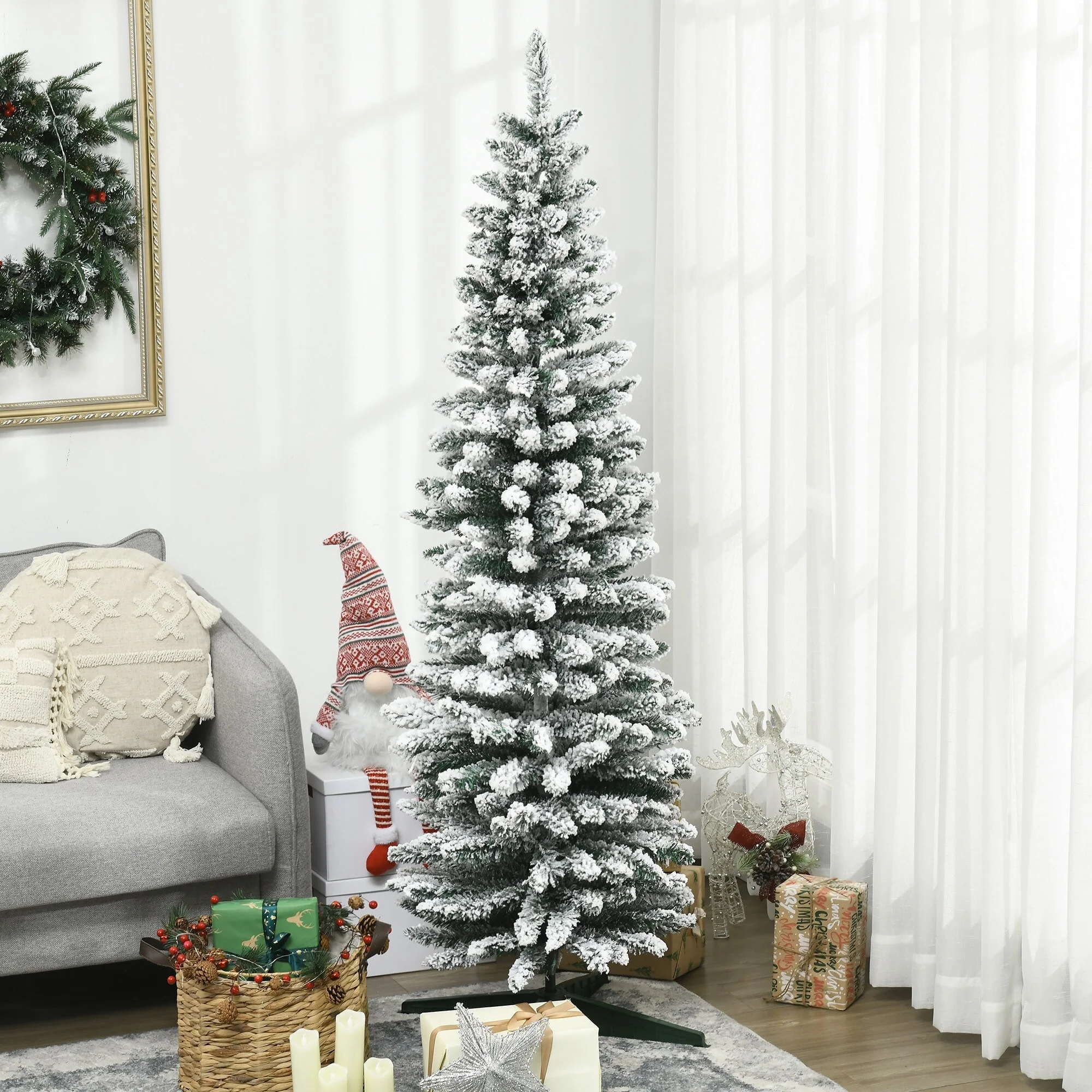 HOMCOM 6' Snow Flocked Artificial Pencil Christmas Tree, Slim Xmas Tree, Green - 5.89 ft