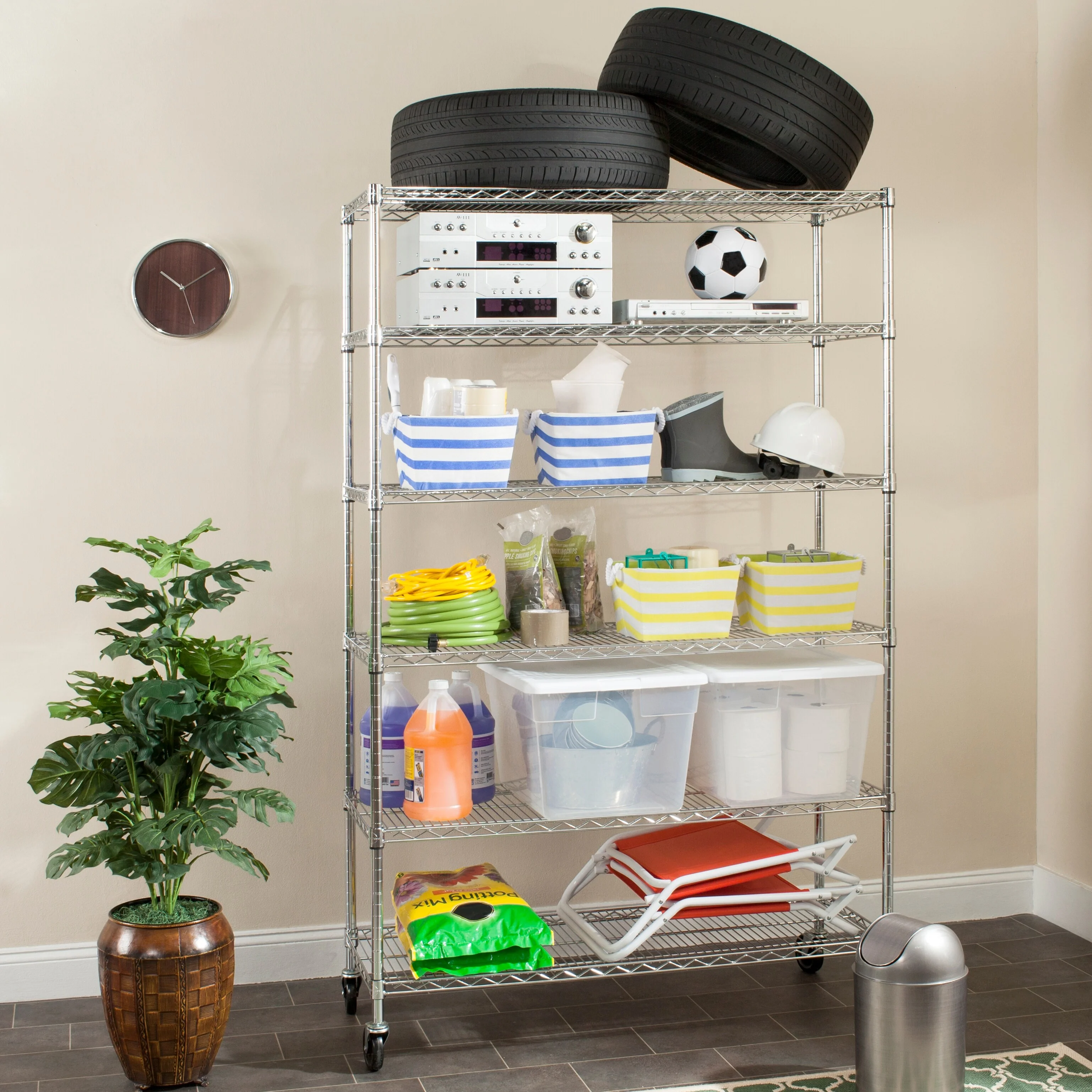 SAFAVIEH Storage Felecia 6 Tier Heavy Duty Commercial Chrome Wire Shelf - 47.6