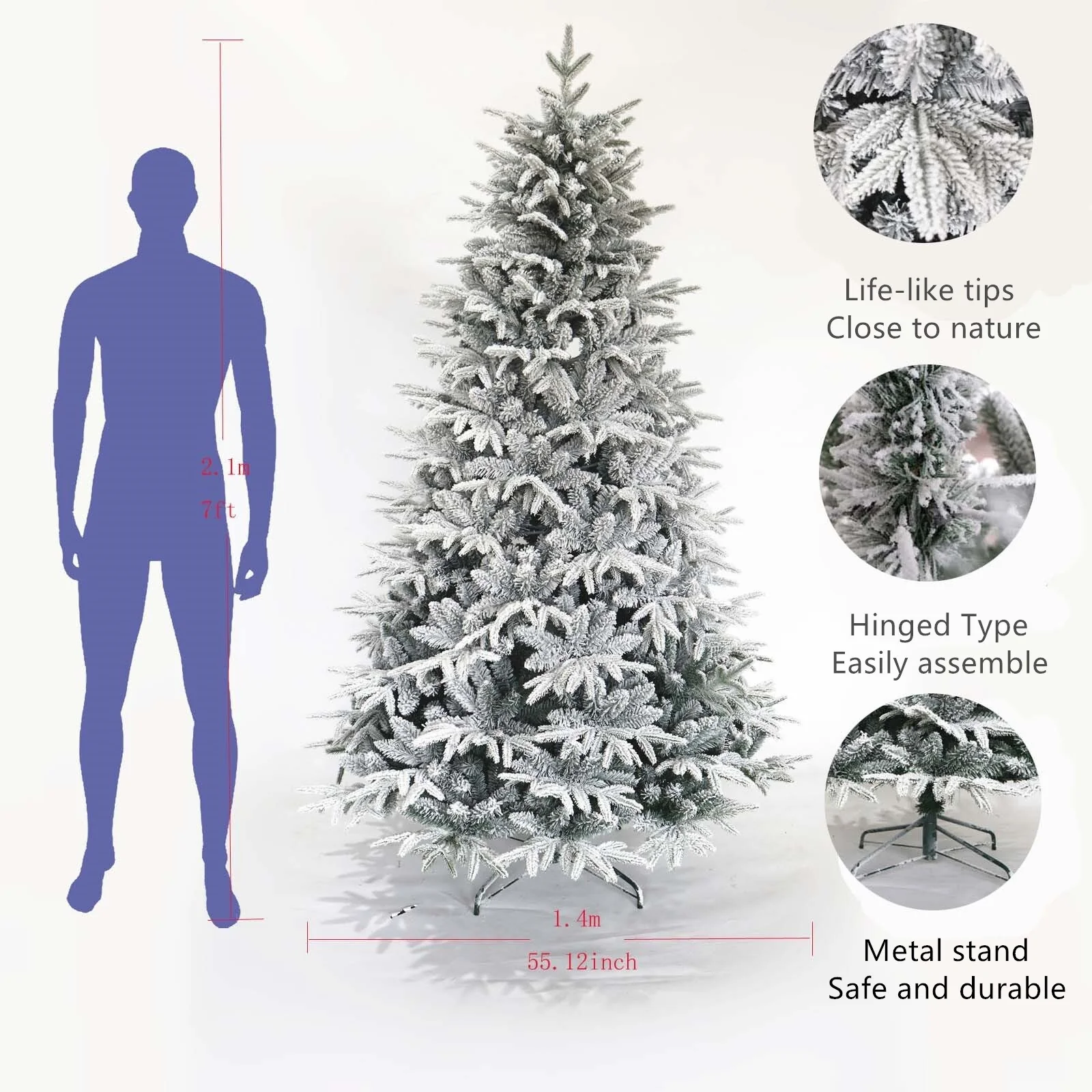 7ft Unlit Snow Flocked Christmas Tree with Durable Metal Stand and Hinged Design for Effortless Setup