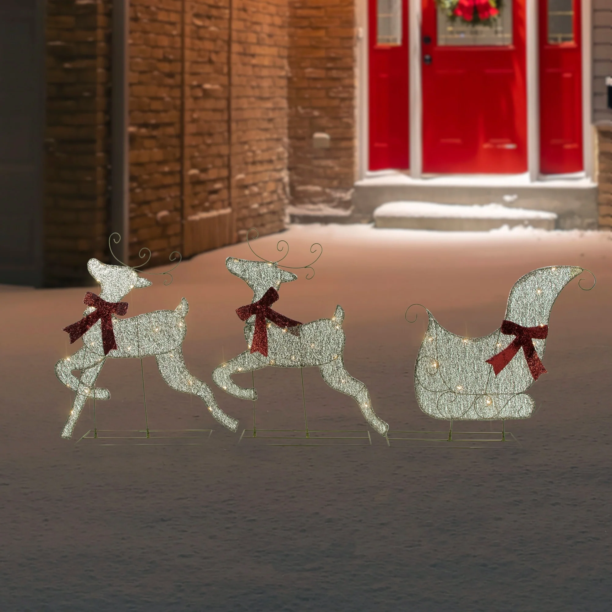 3pc LED Lighted Reindeer and Sleigh Outdoor Christmas Decoration - Silver