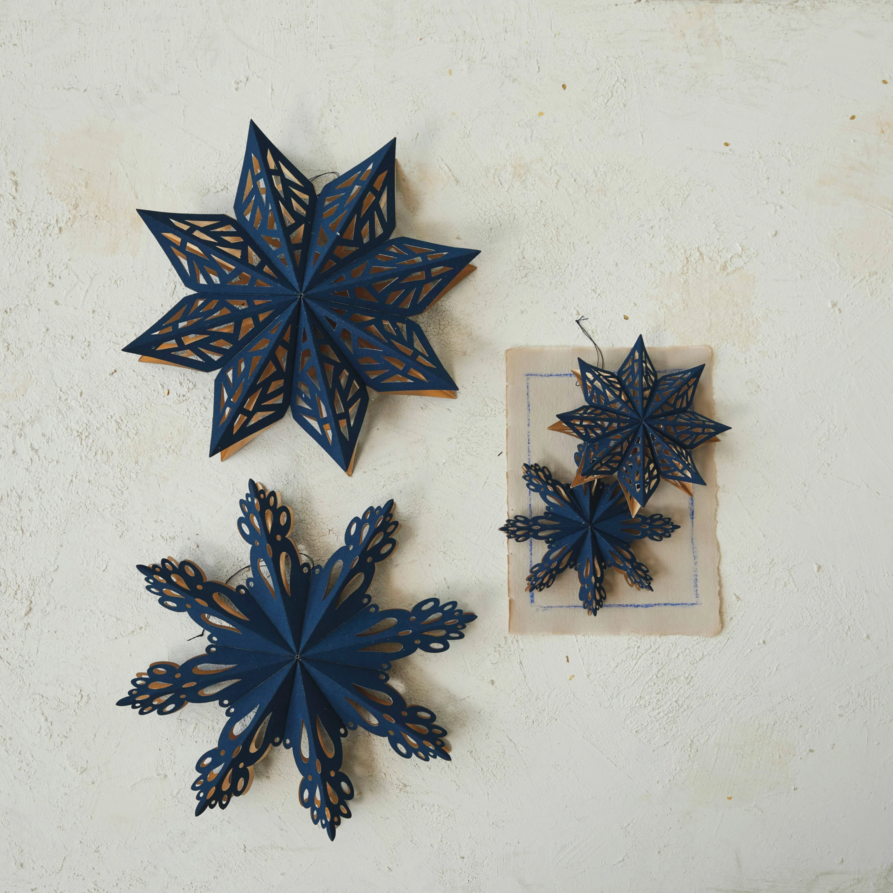 Flocked Paper Snowflake Ornament, Navy and Gold Color, Set of 2