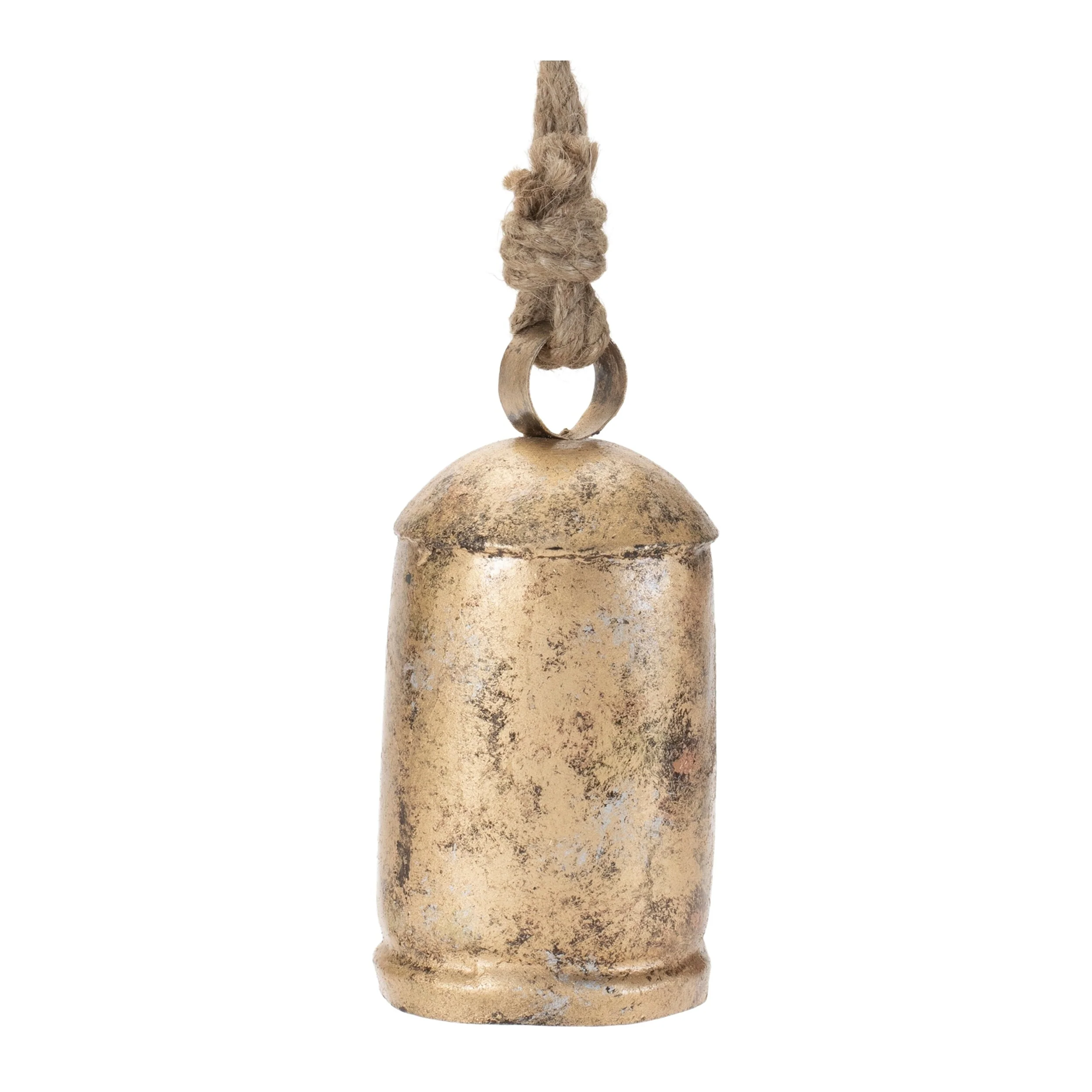 Set of 2 Distressed Gold Iron Bell Ornaments with Wooden Clapper for Farmhouse Holiday Decor - 3.25”L x 3.25”W x 6.5”H