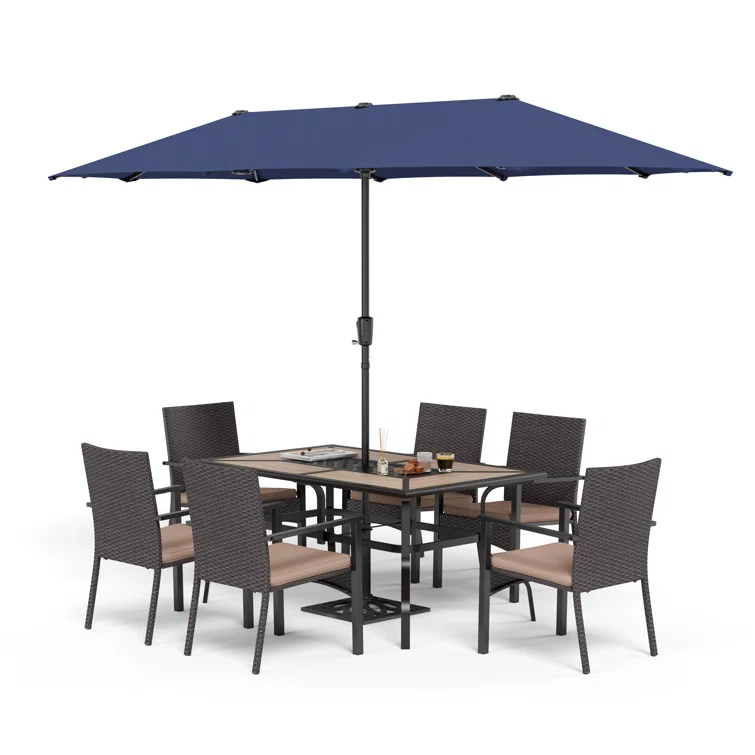 8pcs Outdoor Patio Dining Sets With Blue Umbrella